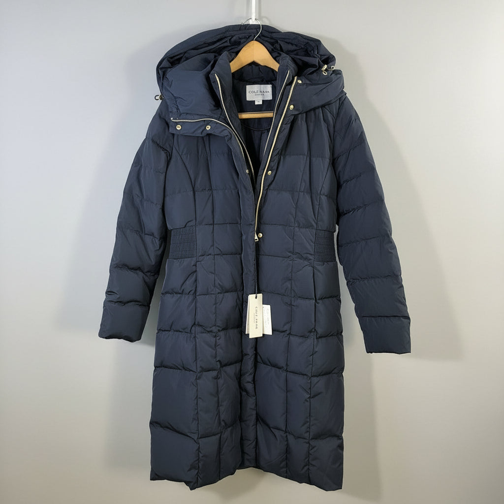 Cole Haan Down Puffer Coat Women's Size Large Hooded Parka Navy Blue - Good Depth On Pockets