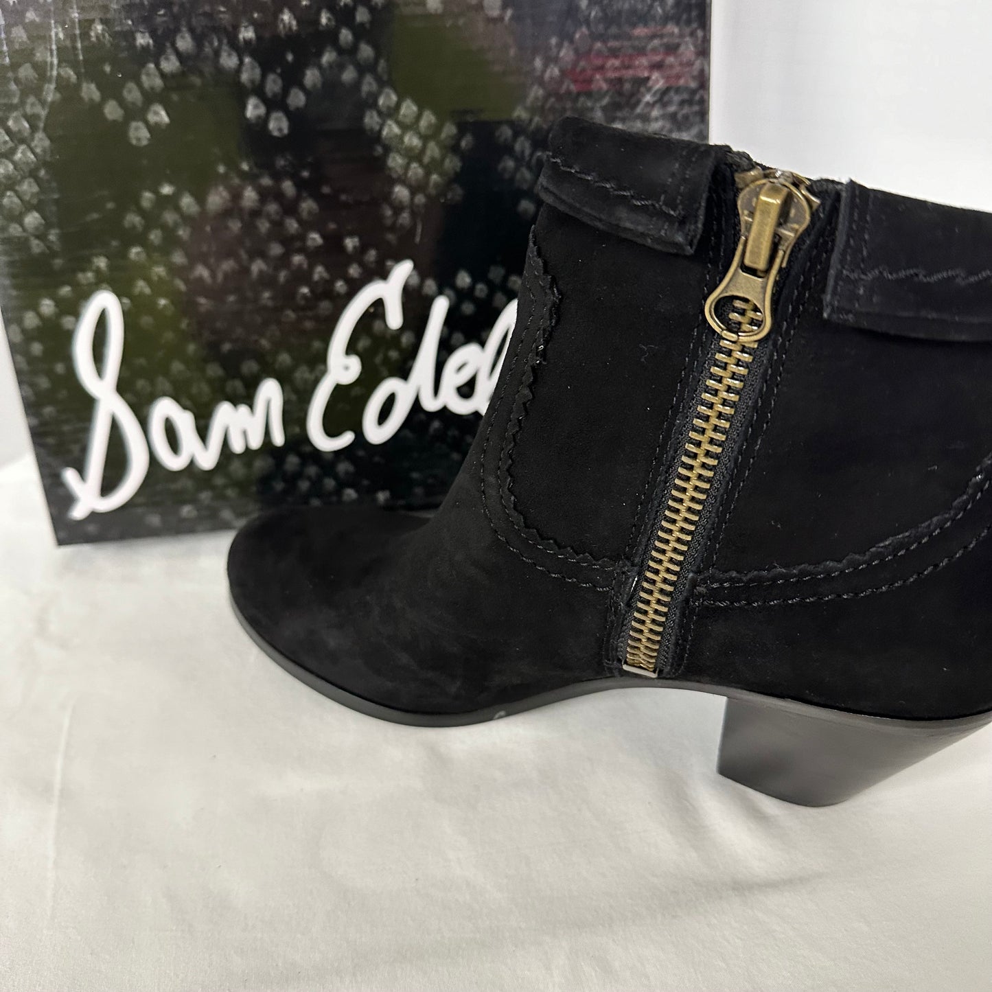 Sam Edelman Louie Ankle Boots Women's Size 9 Booties Black Suede Fringe Accent Almond Closed Toe