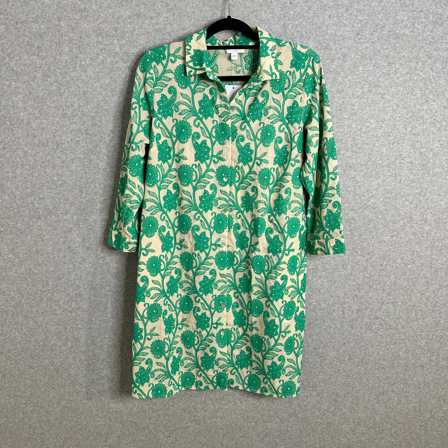 J. Jill Embroidered A-Line Midi Shirtdress Women's Small 3/4 Sleeve Pockets French Beige & Aquamarine