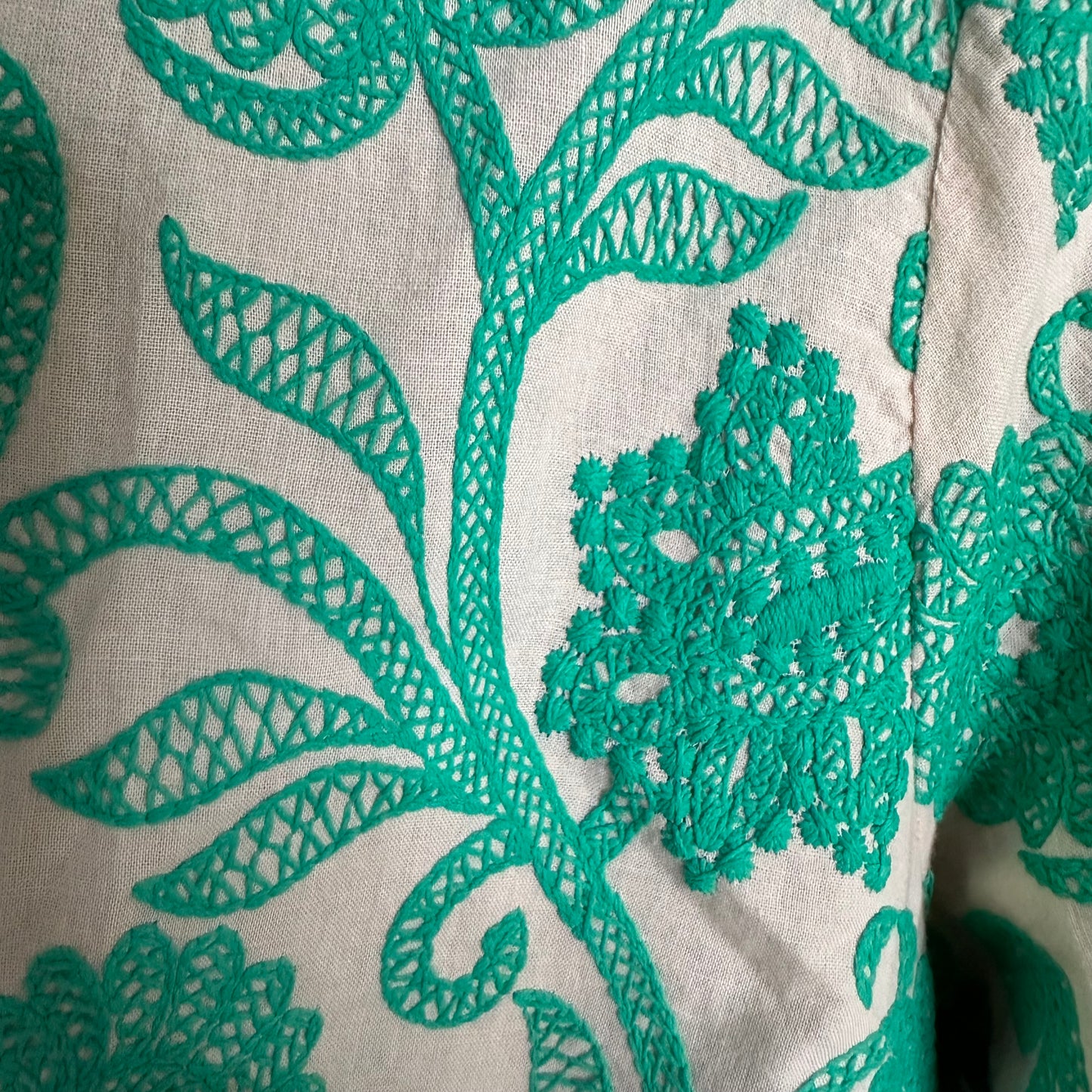 J. Jill Embroidered A-Line Midi Shirtdress Women's Small 3/4 Sleeve Pockets French Beige & Aquamarine