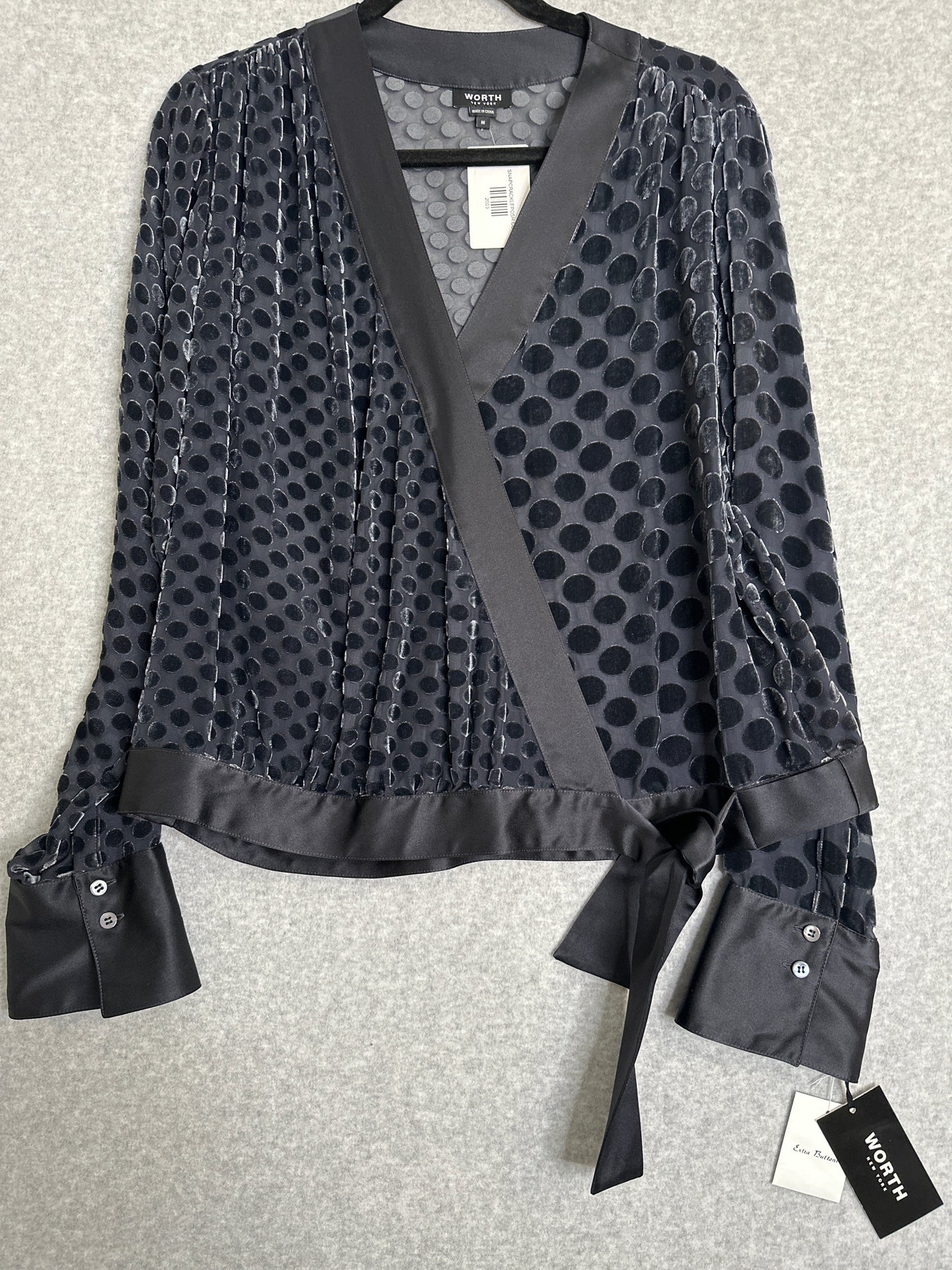 Worth New York Silk Blend Faux Wrap Semi Sheer Polka Dot Top Size Medium