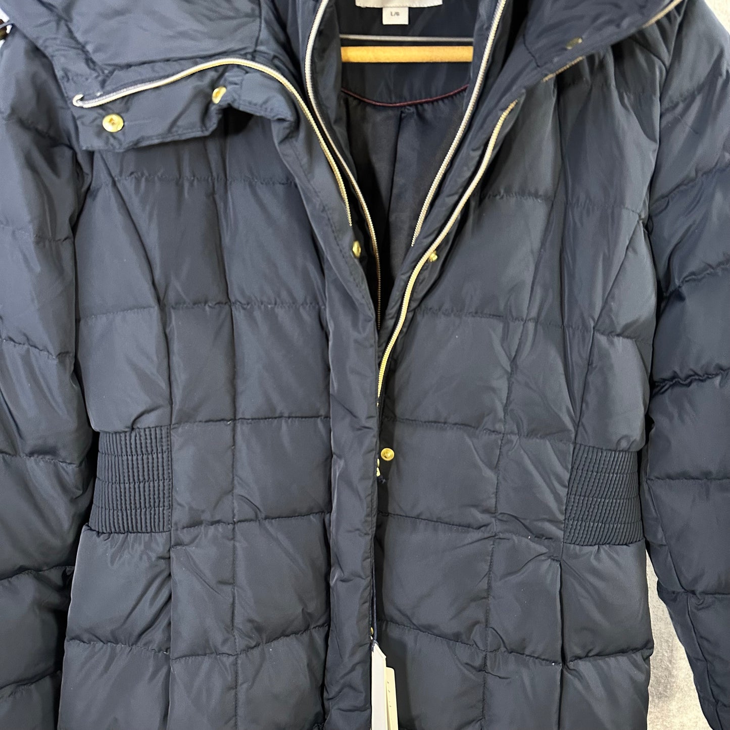 Cole Haan Down Puffer Coat Women's Size Large Hooded Parka Navy Blue - Good Depth On Pockets