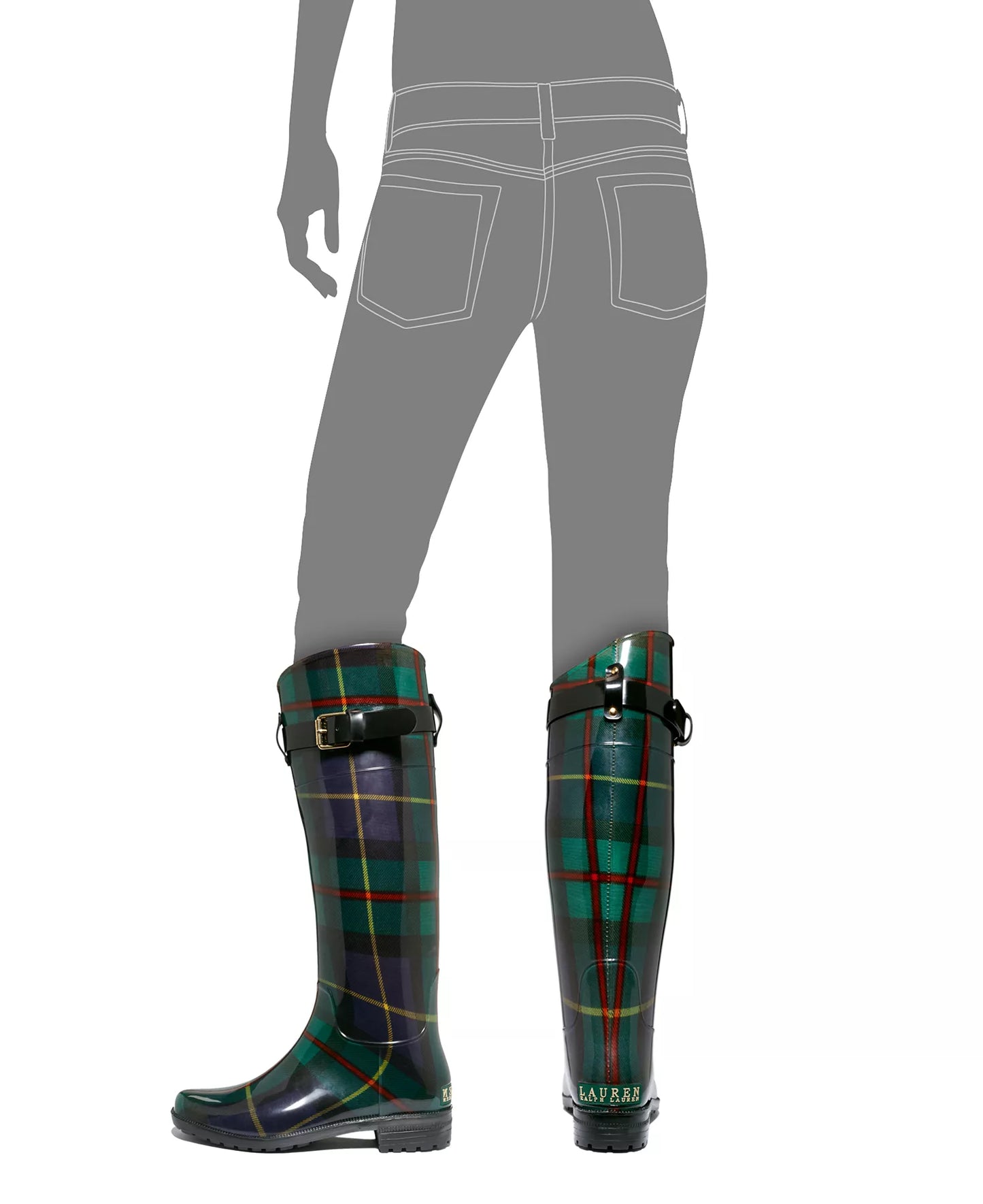Lauren Ralph Lauren Lauren Women’s Rossalyn II Green Plaid Tall Rain Boot Wellies Heel Height 1" Round Toe Block Heel Sz. 5 Fits A 6.5