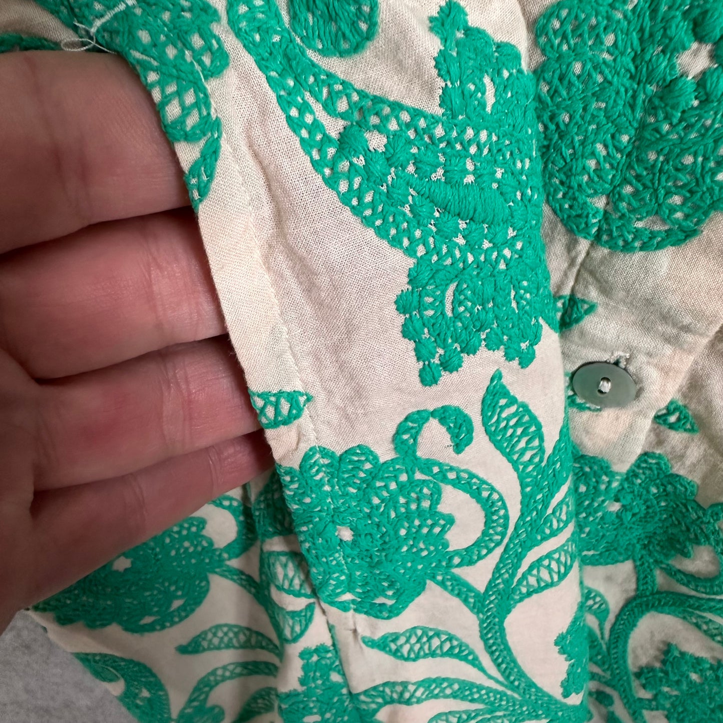 J. Jill Embroidered A-Line Midi Shirtdress Women's Small 3/4 Sleeve Pockets French Beige & Aquamarine