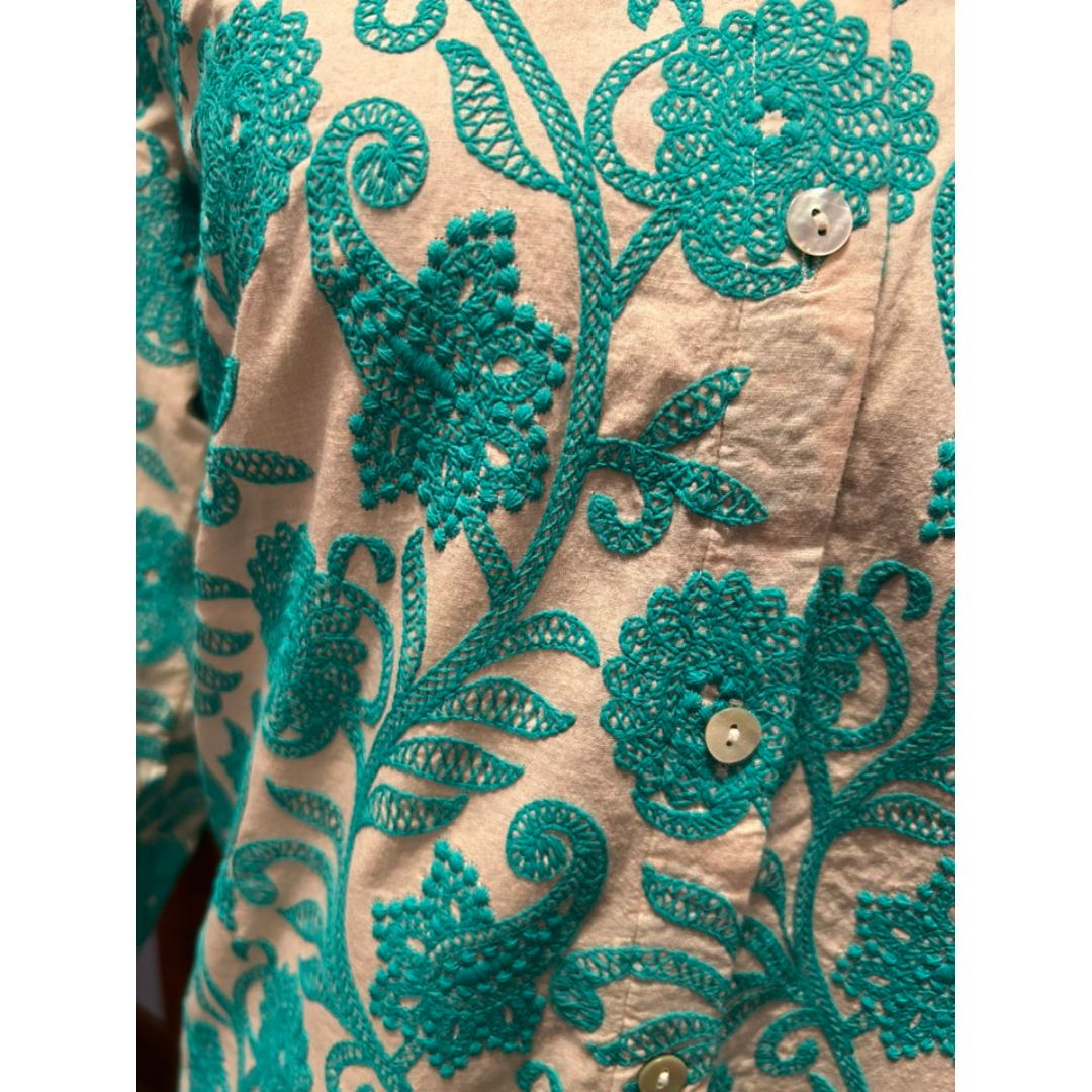 J. Jill Embroidered A-Line Midi Shirtdress Women's Small 3/4 Sleeve Pockets French Beige & Aquamarine