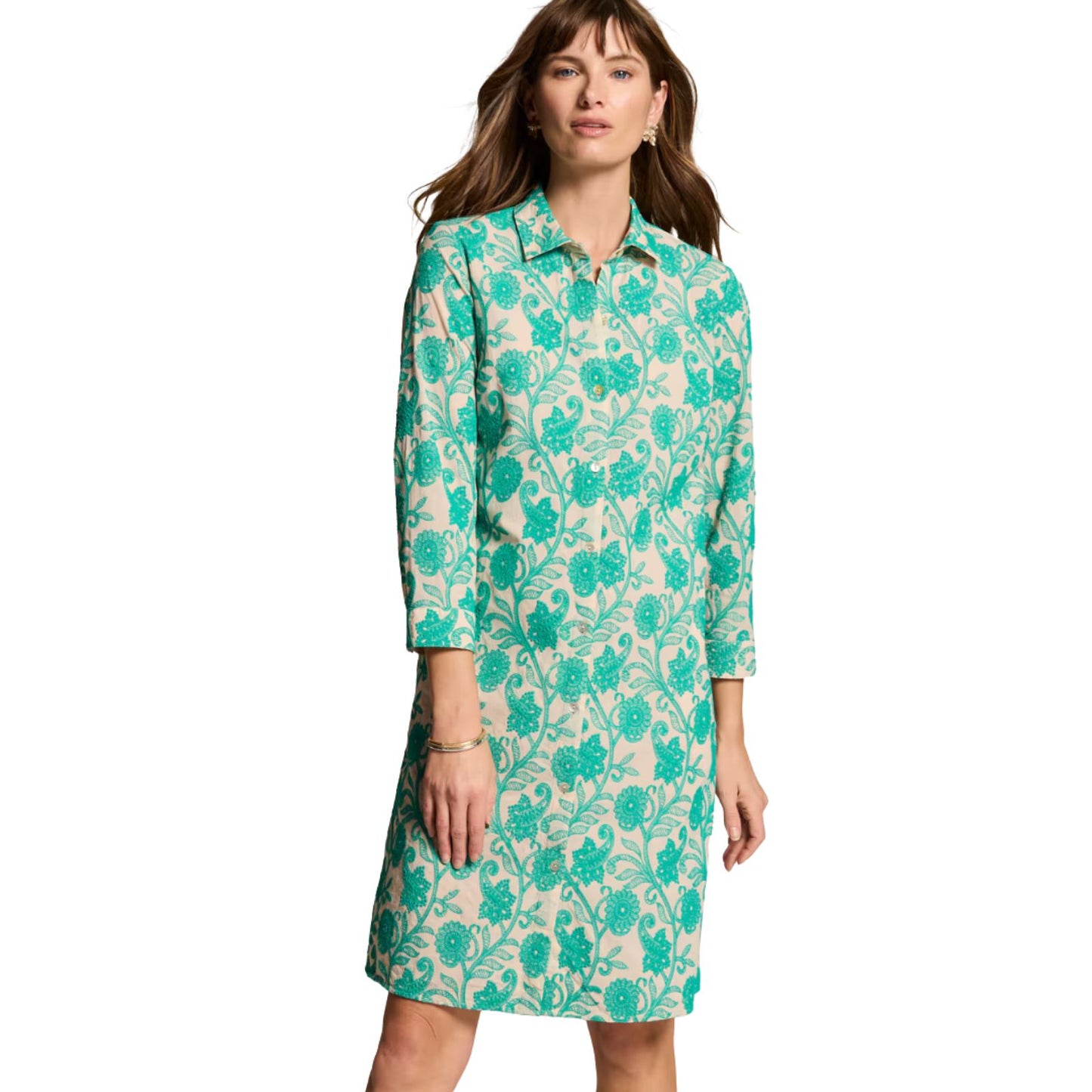 J. Jill Embroidered A-Line Midi Shirtdress Women's Small 3/4 Sleeve Pockets French Beige & Aquamarine