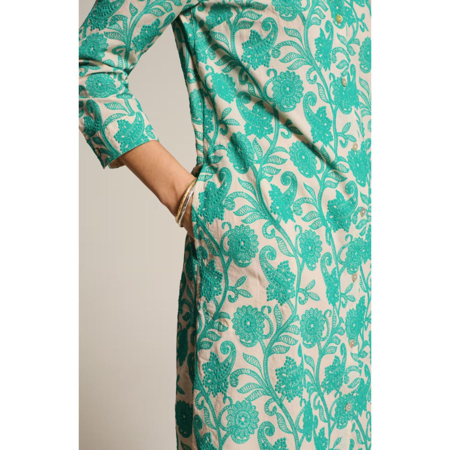 J. Jill Embroidered A-Line Midi Shirtdress Women's Small 3/4 Sleeve Pockets French Beige & Aquamarine