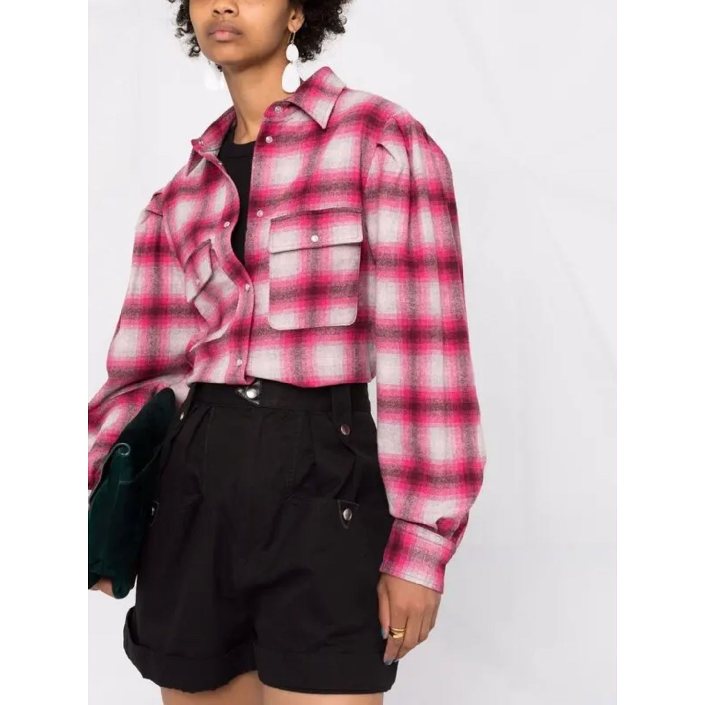 Isabel Marant Étoile Reosi Button-Down Shirt Flannel Women's Sz. 2 Plaid Pink And Gray