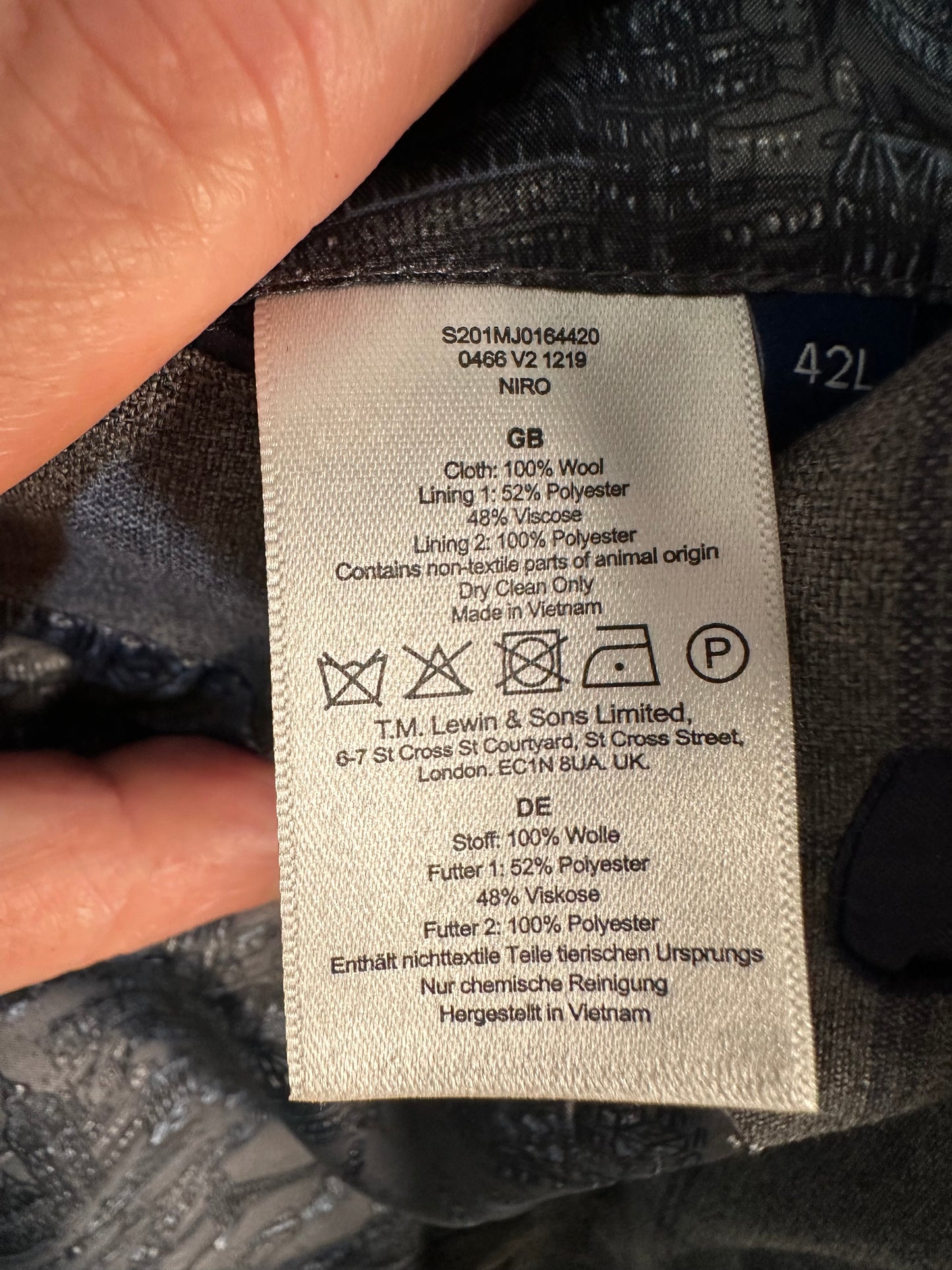 T.M. Lewin Men's Modern Fit Suit Jacket Blazer Merino Wool Slim Vitale Barberis Canonico 42 Long