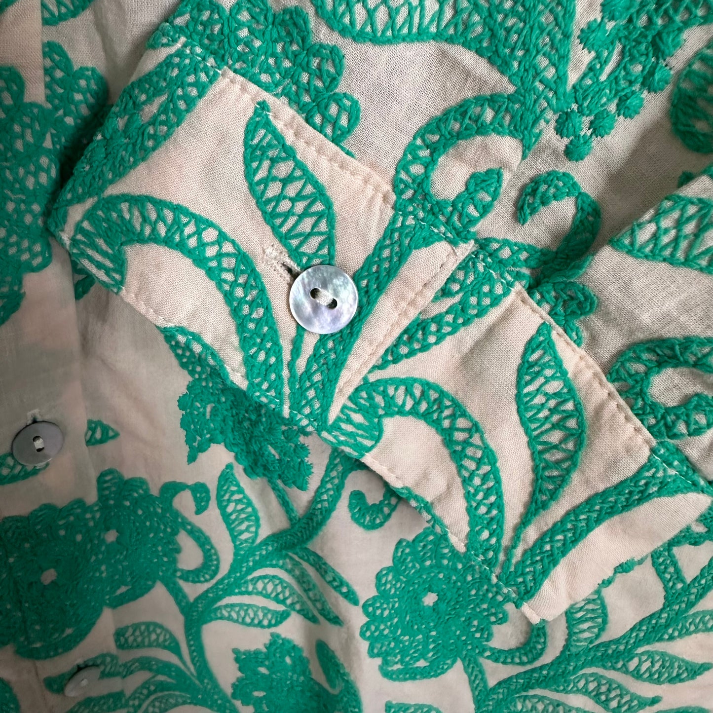 J. Jill Embroidered A-Line Midi Shirtdress Women's Small 3/4 Sleeve Pockets French Beige & Aquamarine