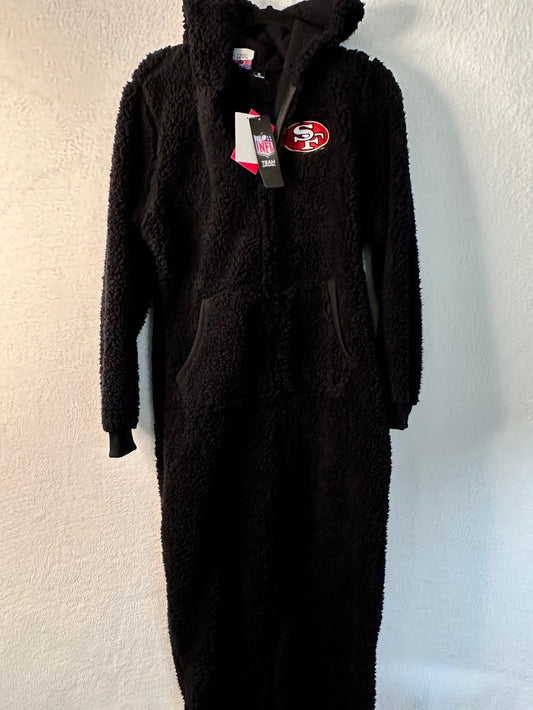 San Francisco 49ers Pajamas Women's XL Black Sherpa One Piece Zippered Onesie Kangaroo Pockets