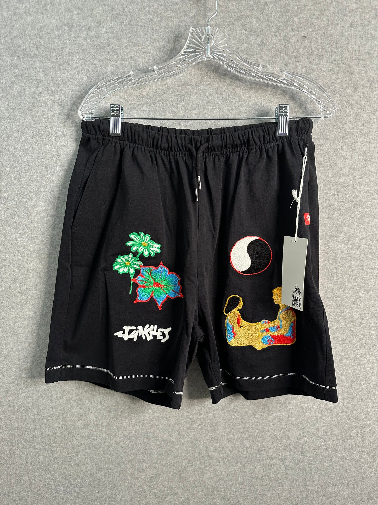 Jungles Connection Black Athletic Shorts Chenille Embroidered Logo Men's Medium