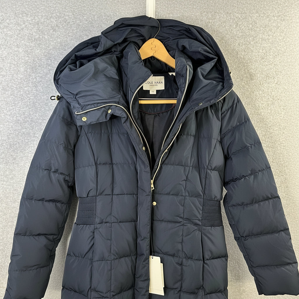 Cole Haan Down Puffer Coat Women's Size Large Hooded Parka Navy Blue - Good Depth On Pockets