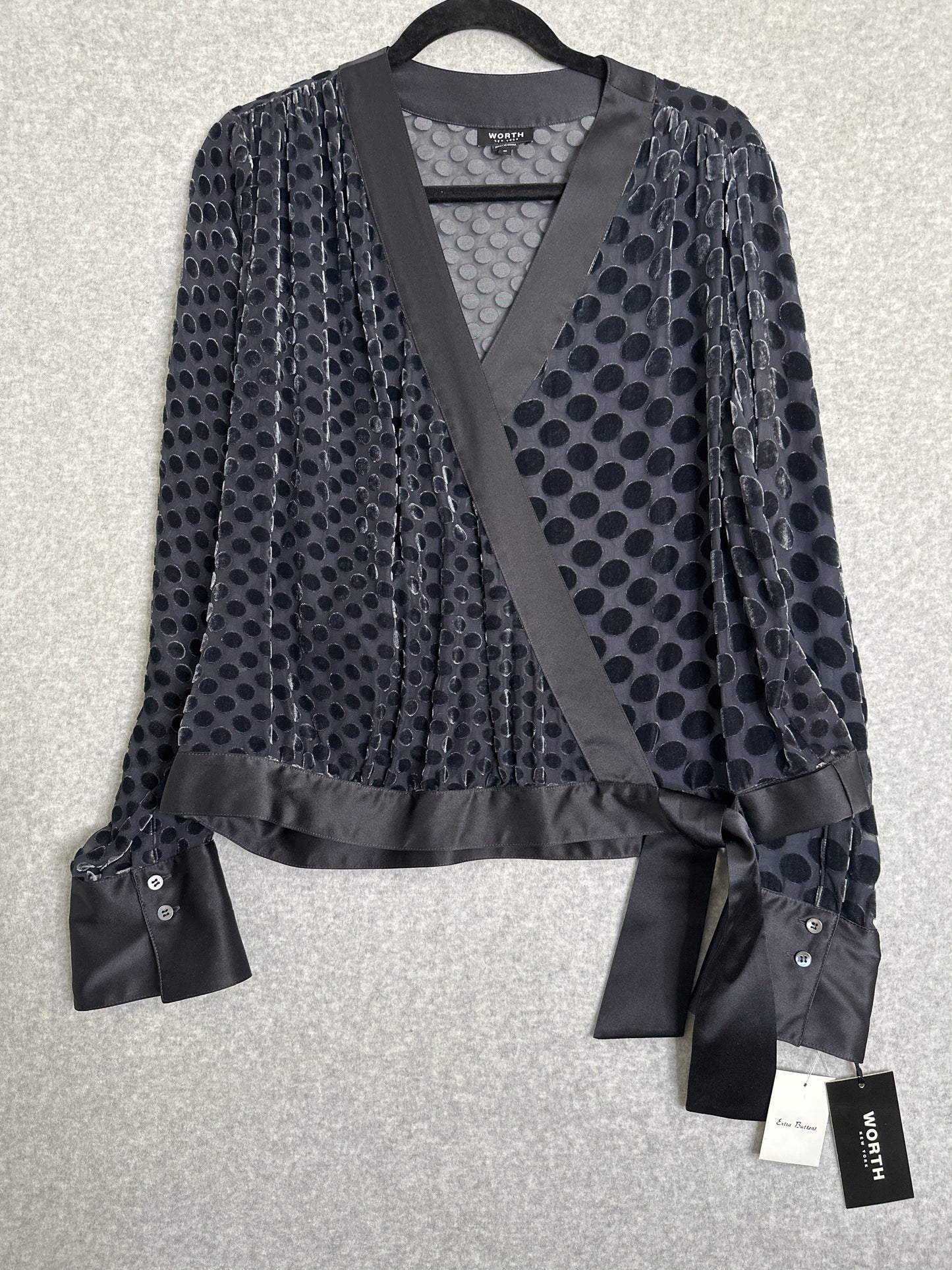 Worth New York Silk Blend Faux Wrap Semi Sheer Polka Dot Top Size Medium