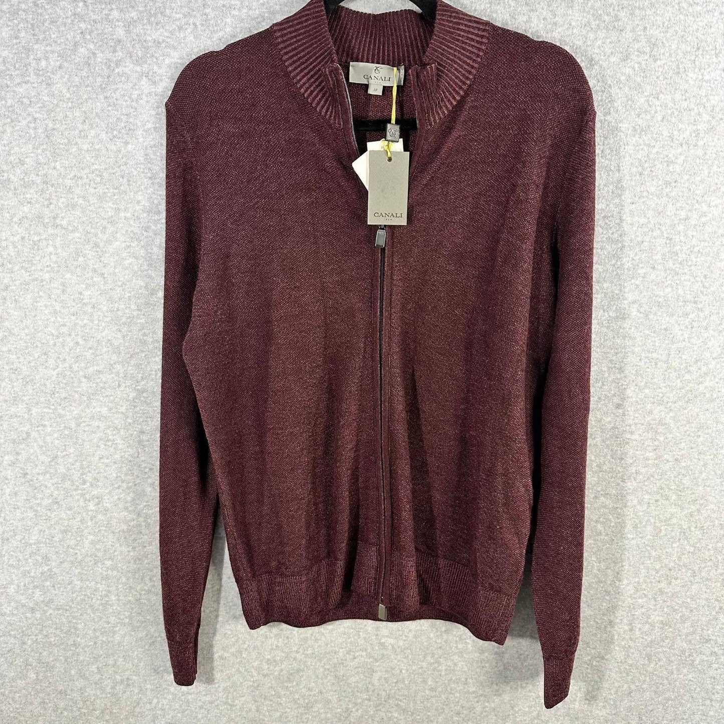 Canali Wool Cardigan Mens Sweater IT 50 US Large Full Zip Burgundy Measures At A 42R