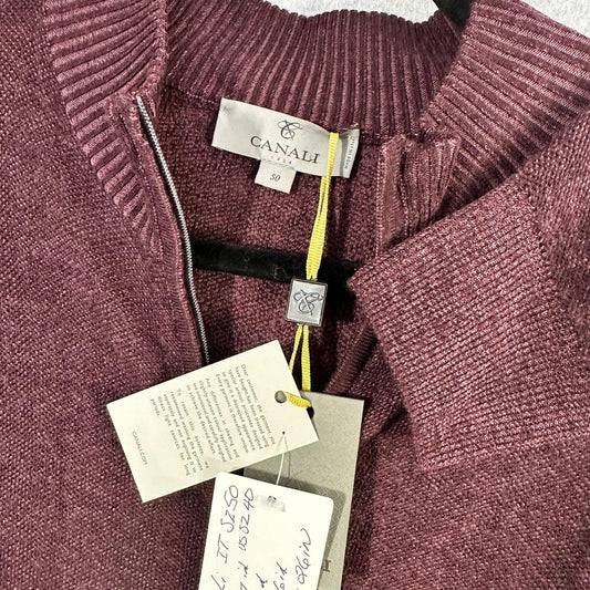 Canali Wool Cardigan Mens Sweater IT 50 US Large Full Zip Burgundy Measures At A 42R