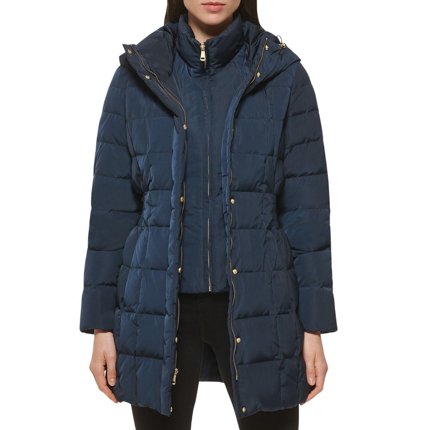 Cole Haan Down Puffer Coat Women's Size Large Hooded Parka Navy Blue - Good Depth On Pockets