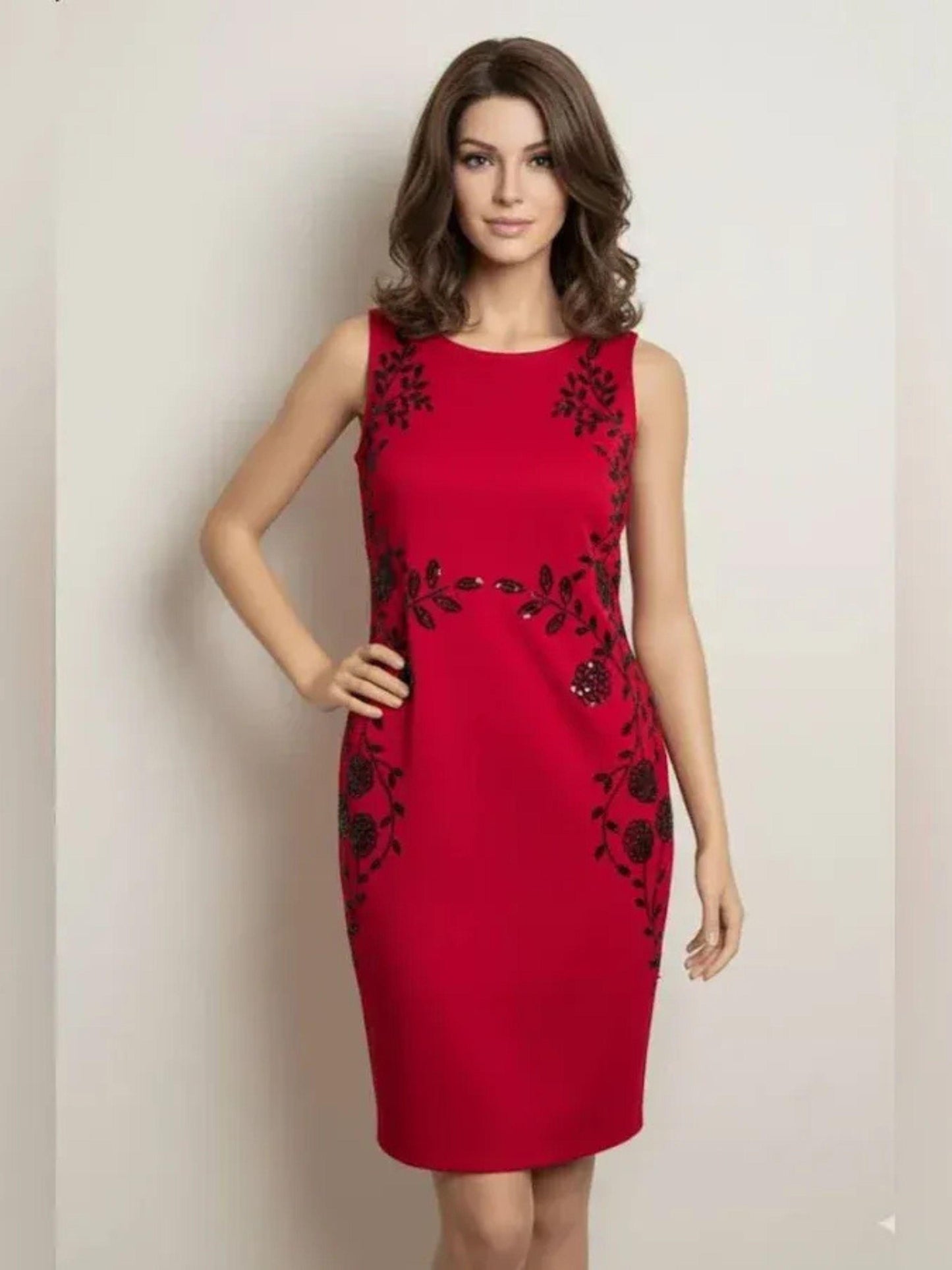 Collection Dressbarn Caviar Floral Beaded Red & Black Sleeveless Shift Dress Women's 2X