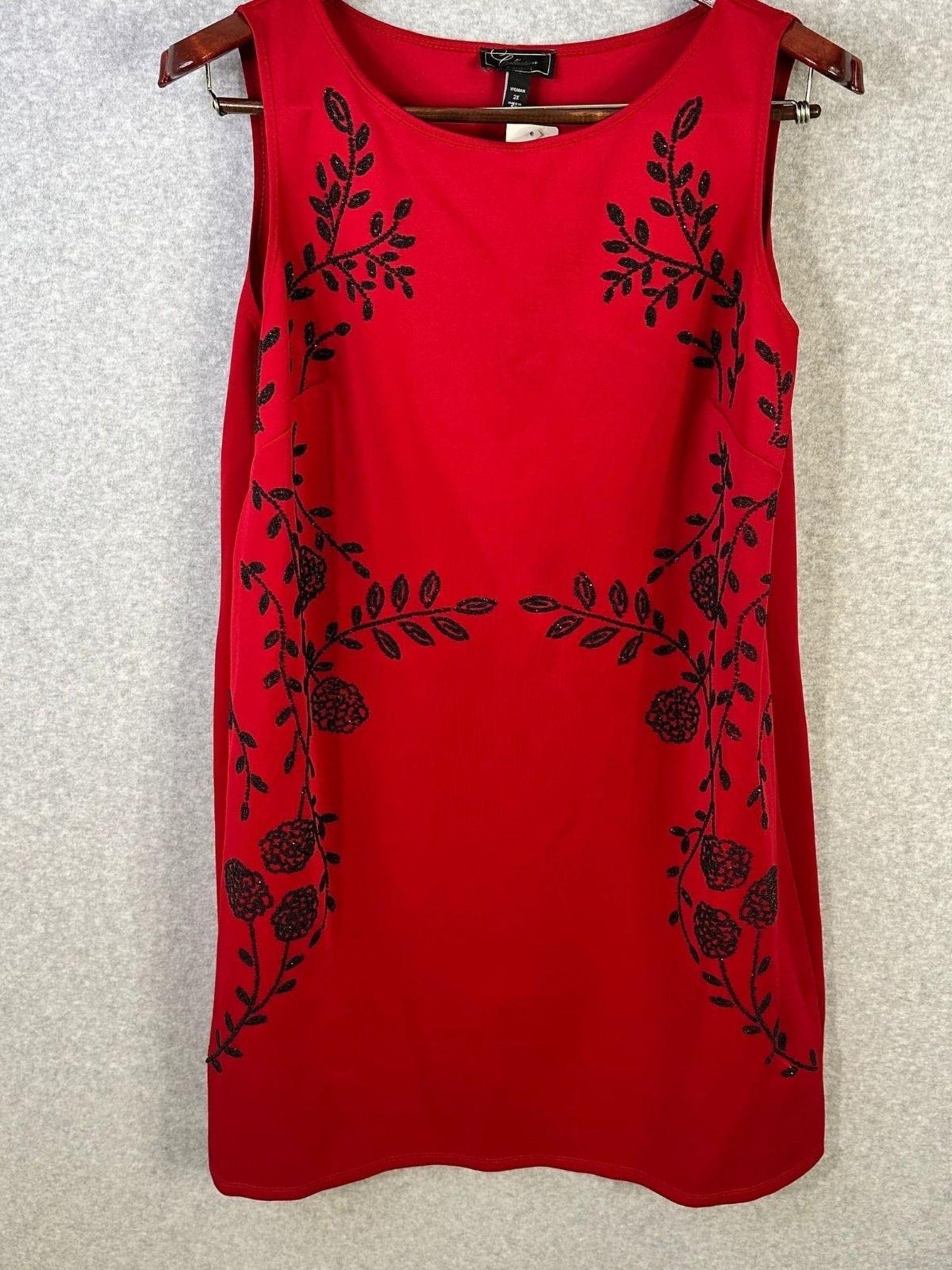 Collection Dressbarn Caviar Floral Beaded Red & Black Sleeveless Shift Dress Women's 2X