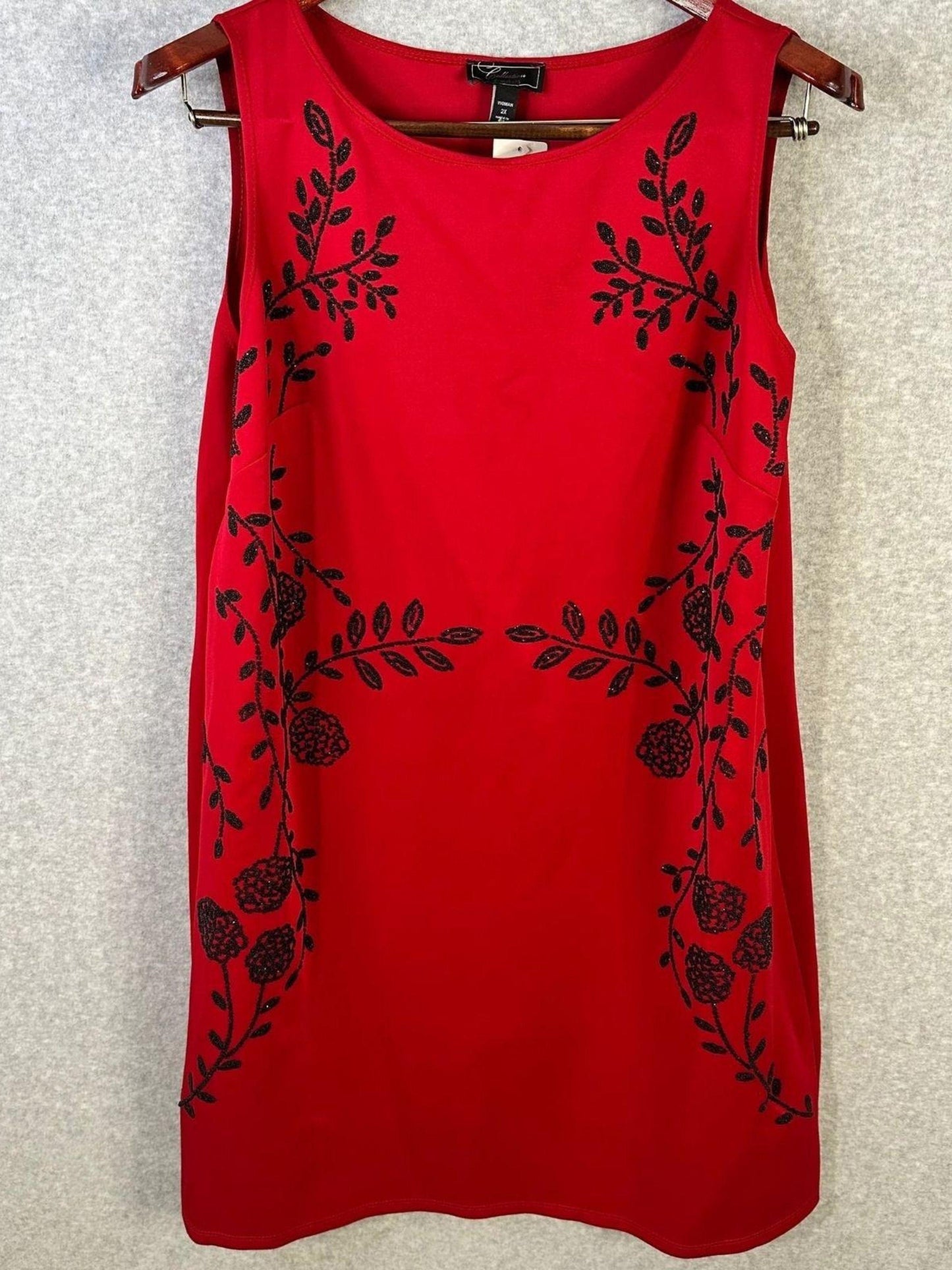 Collection Dressbarn Caviar Floral Beaded Red & Black Sleeveless Shift Dress Women's 2X