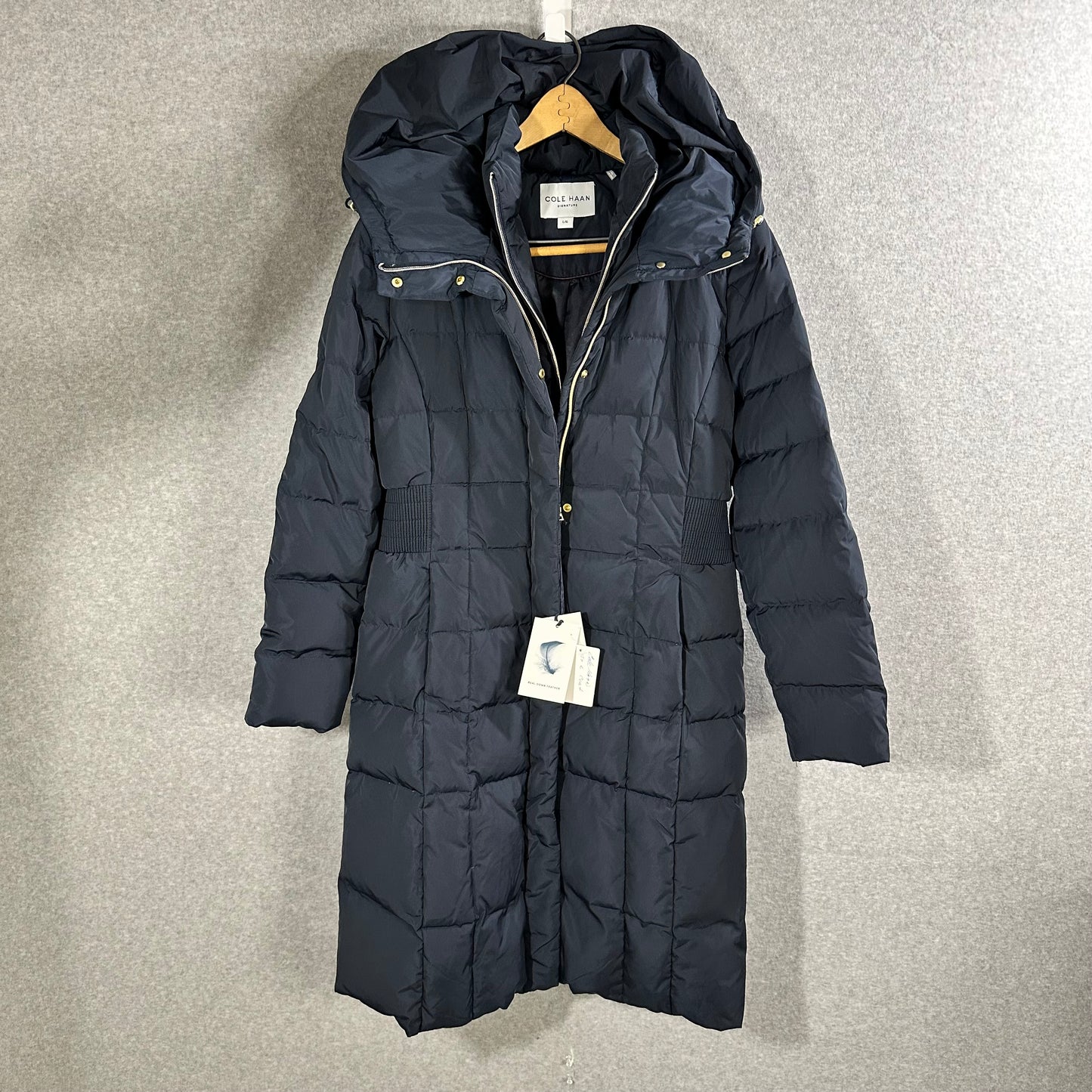 Cole Haan Down Puffer Coat Women's Size Large Hooded Parka Navy Blue - Good Depth On Pockets