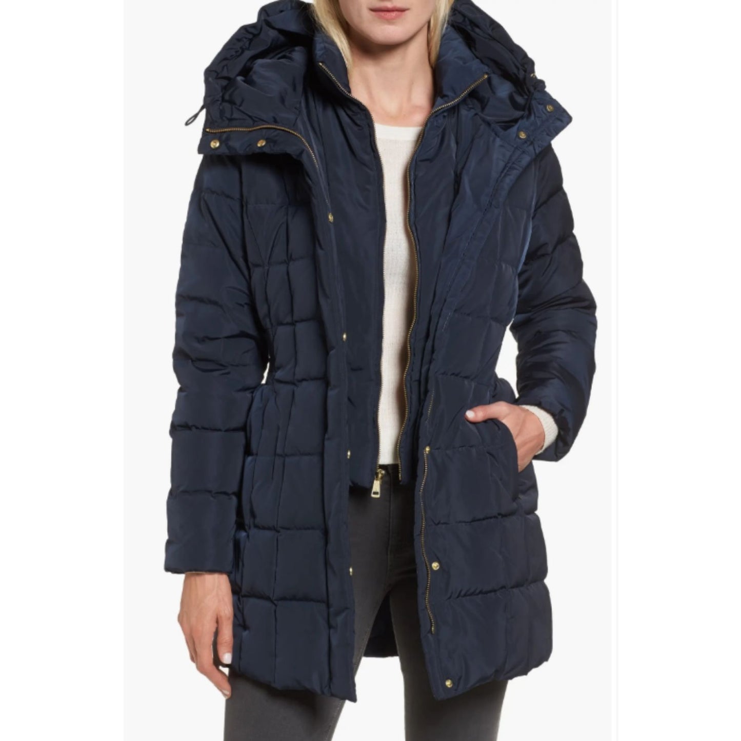 Cole Haan Down Puffer Coat Women's Size Large Hooded Parka Navy Blue - Good Depth On Pockets