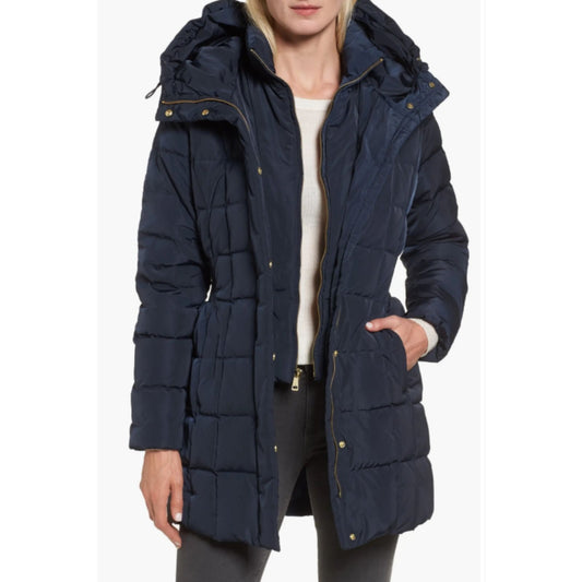 Cole Haan Down Puffer Coat Women's Size Large Hooded Parka Navy Blue - Good Depth On Pockets