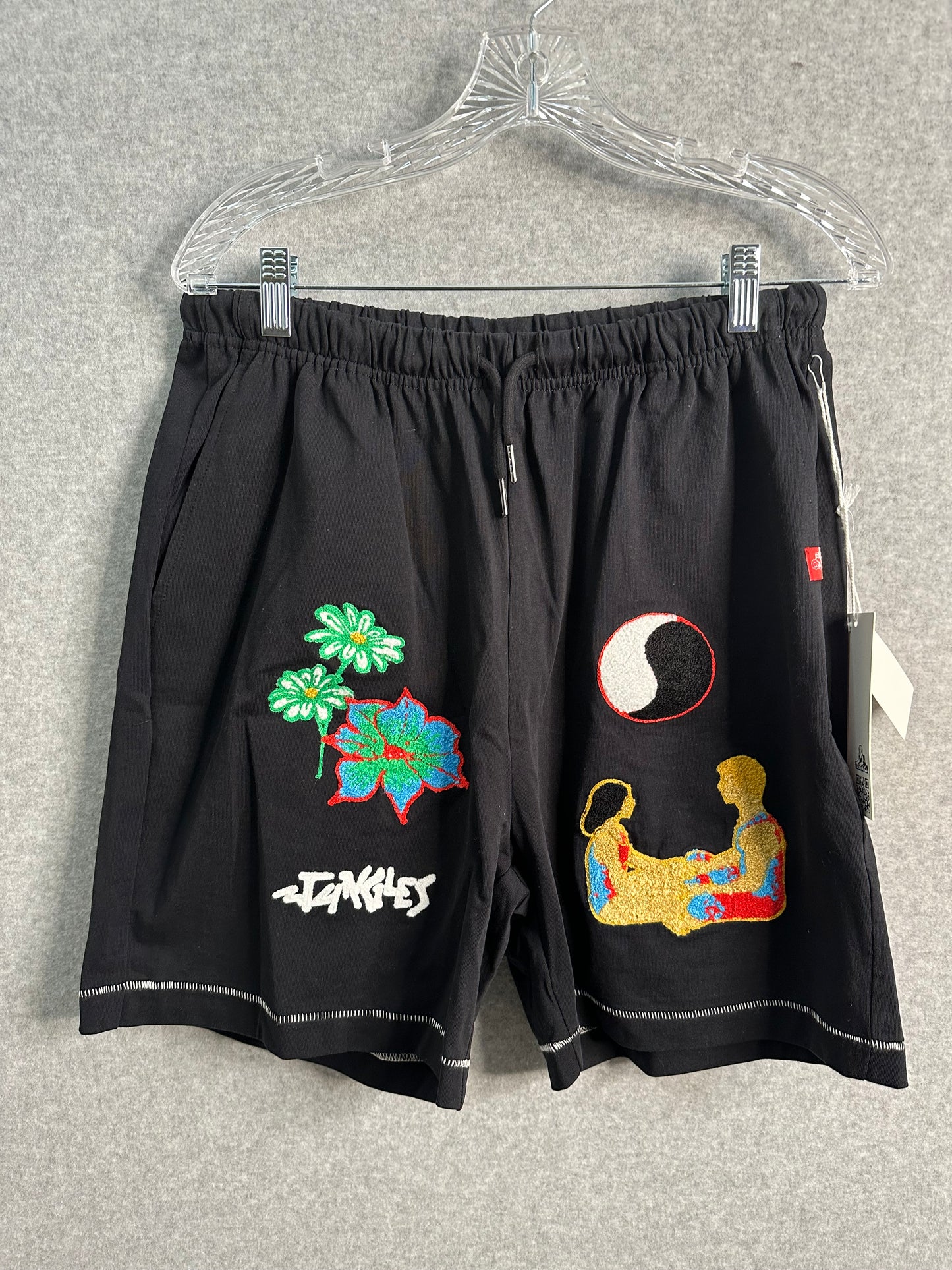 Jungles Connection Black Athletic Shorts Chenille Embroidered Logo Men's Medium