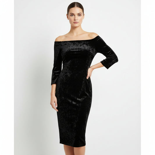 Eliza J Off The Shoulder Black Crushed Velvet Dress Size 20W Women's Long Sleeve