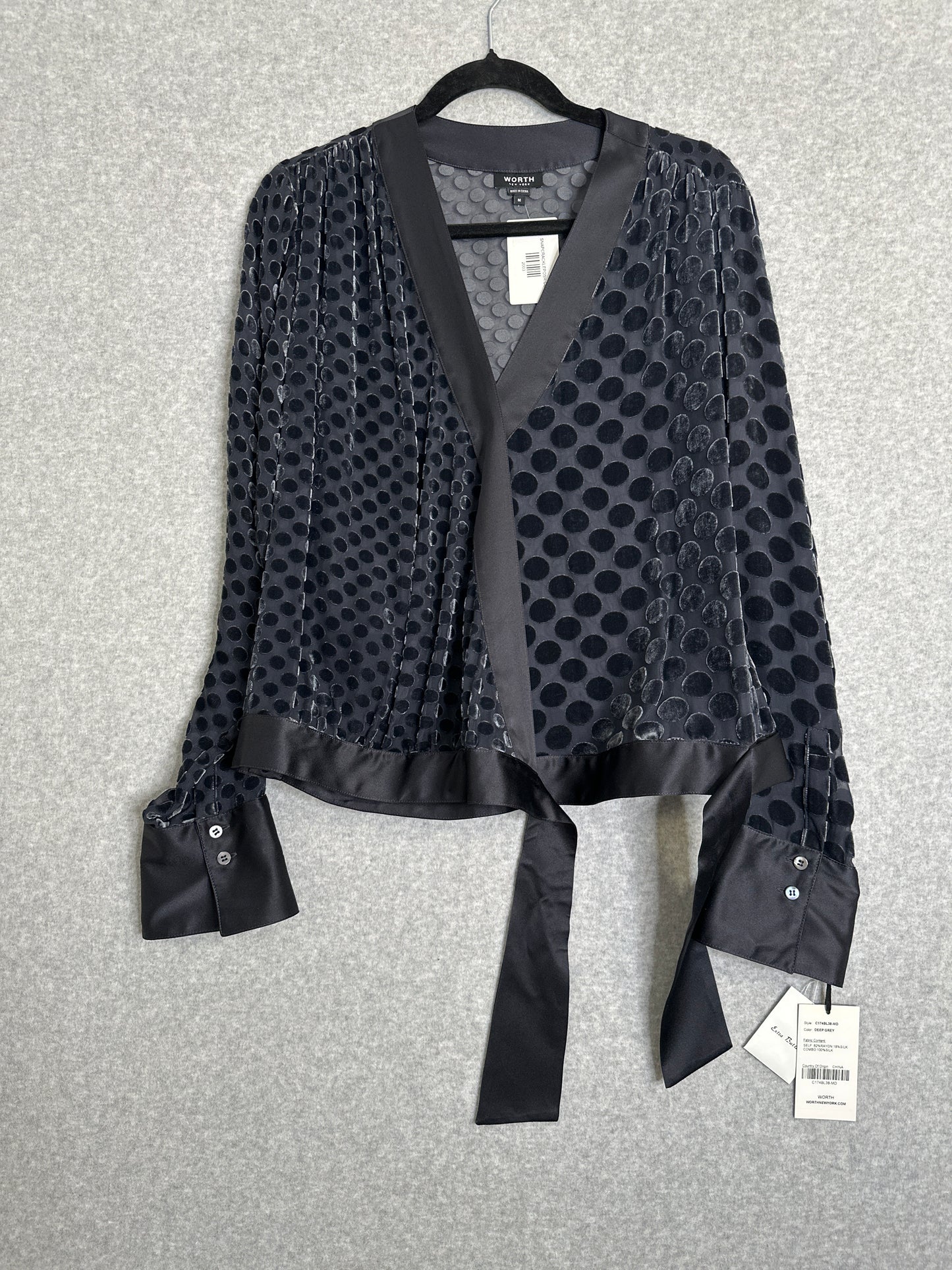 Worth New York Silk Blend Faux Wrap Semi Sheer Polka Dot Top Size Medium