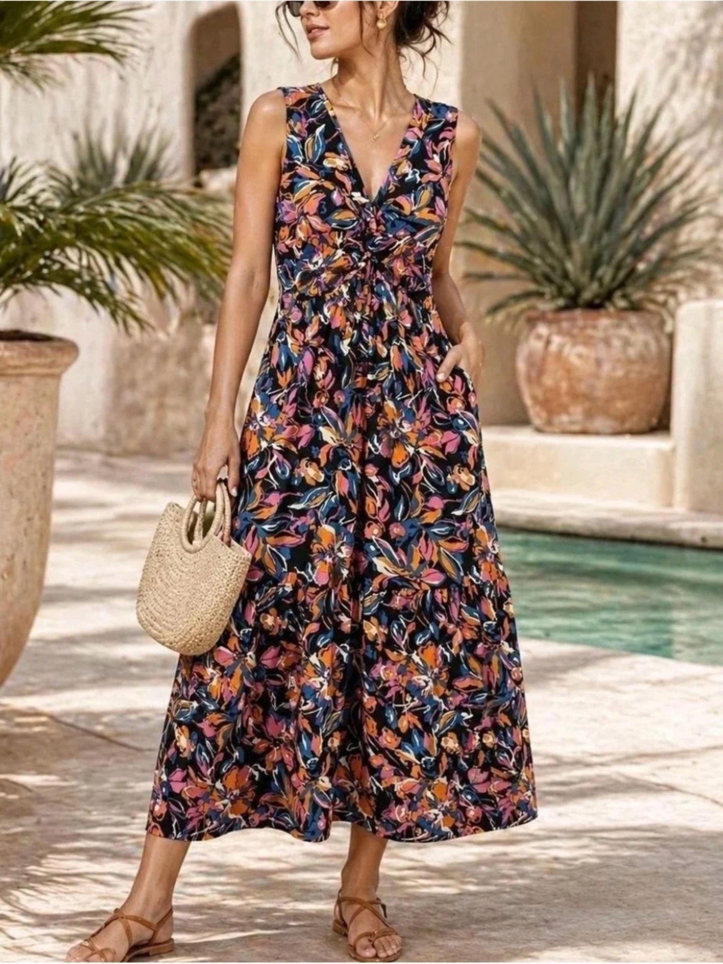 French Connection Women's Twist Front Floral Sleeveless Midi Dress Size XXL