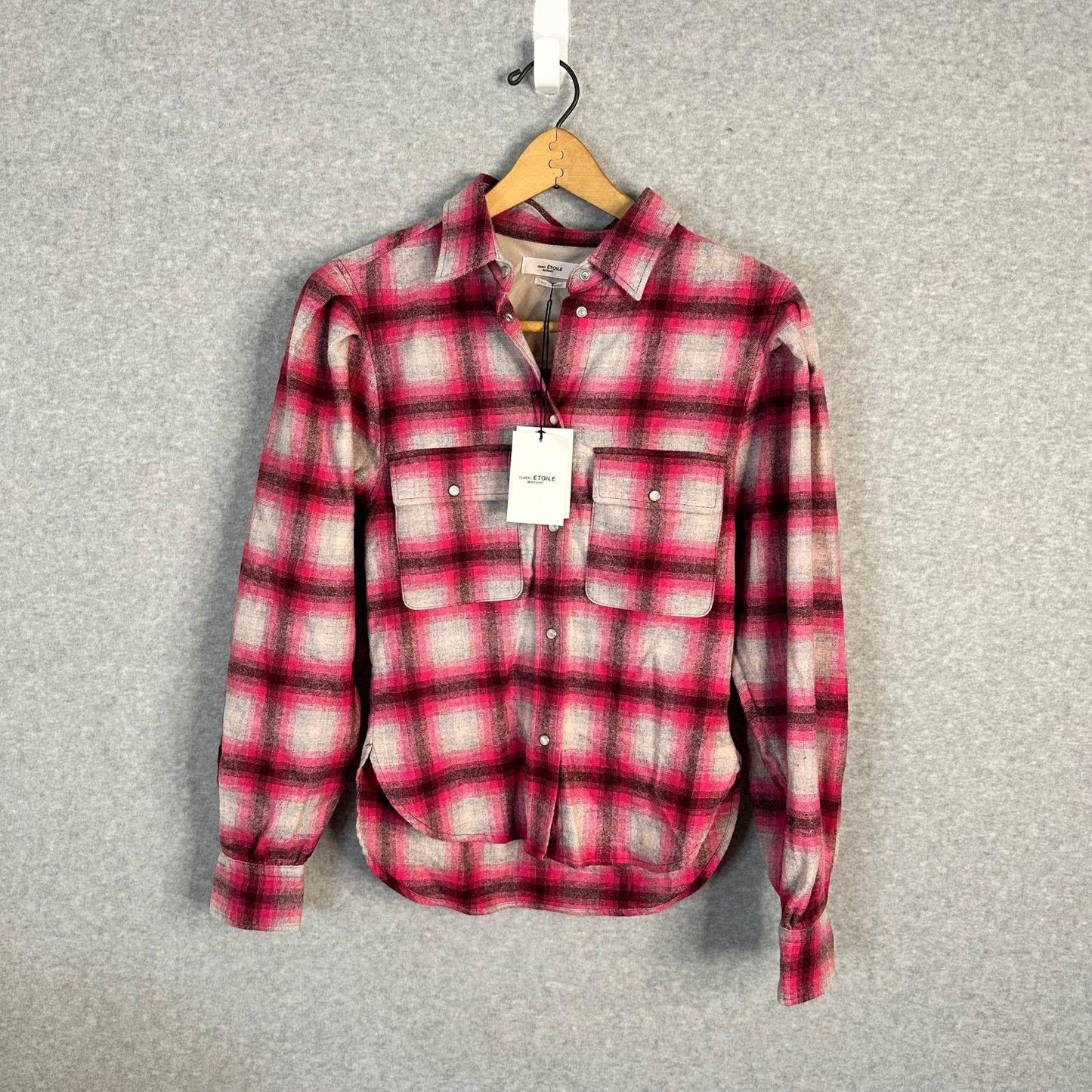 Isabel Marant Étoile Reosi Button-Down Shirt Flannel Women's Sz. 2 Plaid Pink And Gray