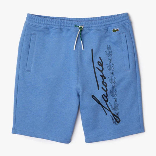 Lacoste Men's Signature Print Cotton Fleece Shorts Blue Size Large