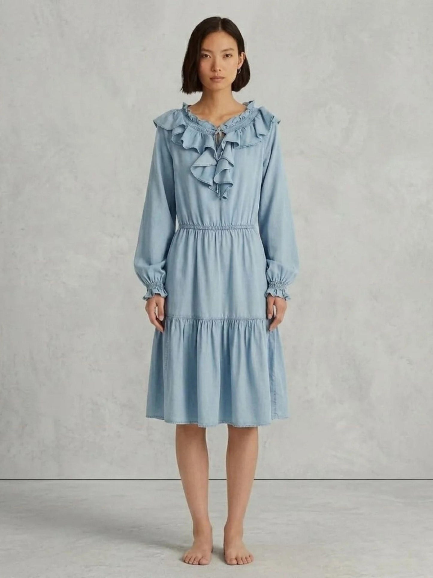Lauren Ralph Lauren Smocked Ruffle Denim Dress Women's Size 6
