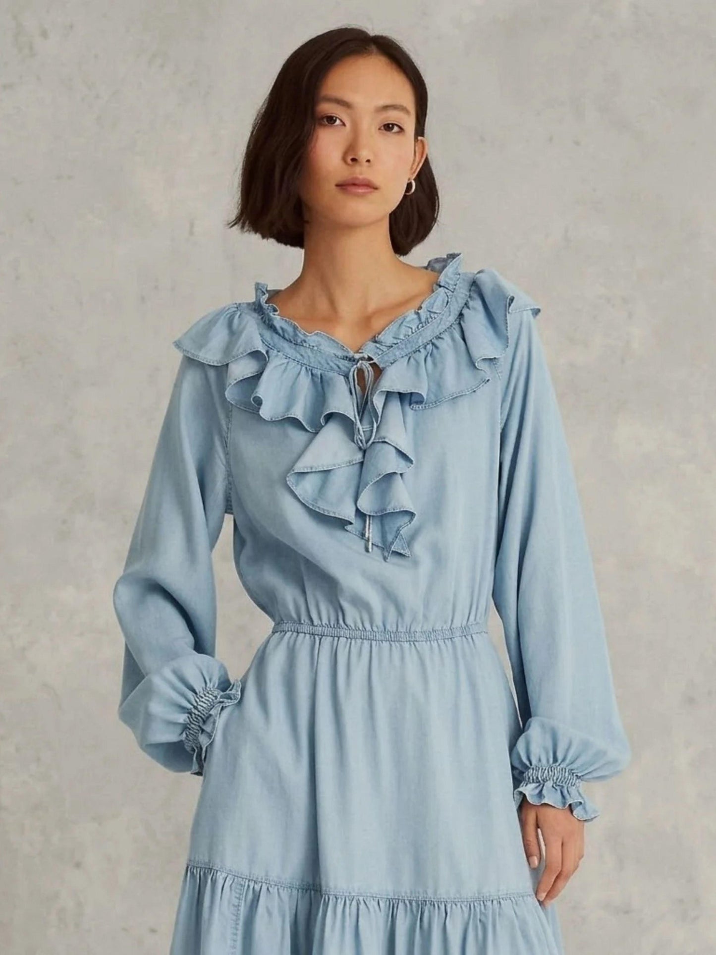 Lauren Ralph Lauren Smocked Ruffle Denim Dress Women's Size 6