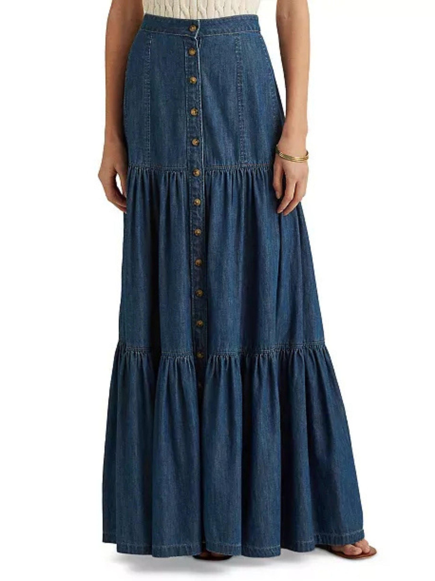 Lauren Ralph Lauren Womens Denim Button-Down Tiered Maxi Skirt Size 0