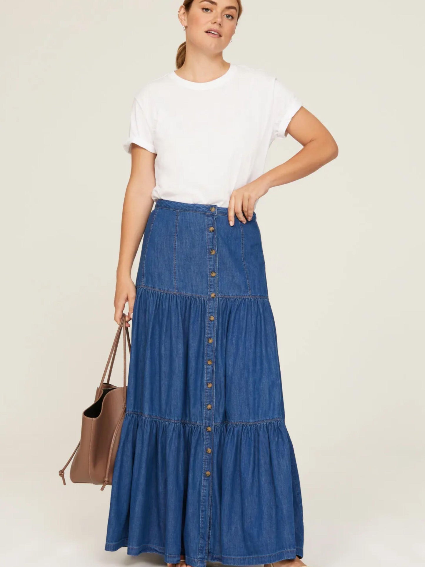 Lauren Ralph Lauren Womens Denim Button-Down Tiered Maxi Skirt Size 0