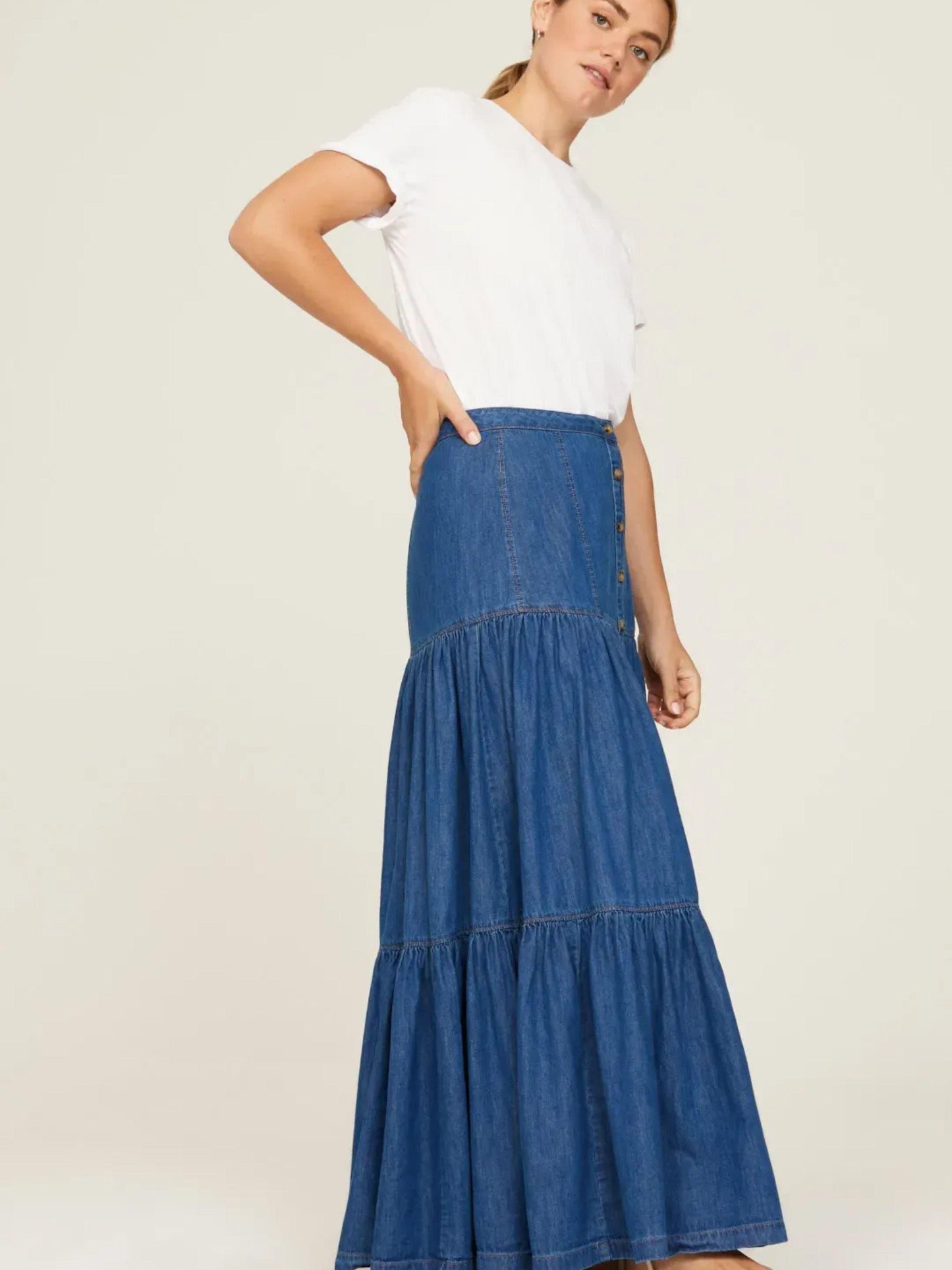 Lauren Ralph Lauren Womens Denim Button-Down Tiered Maxi Skirt Size 0