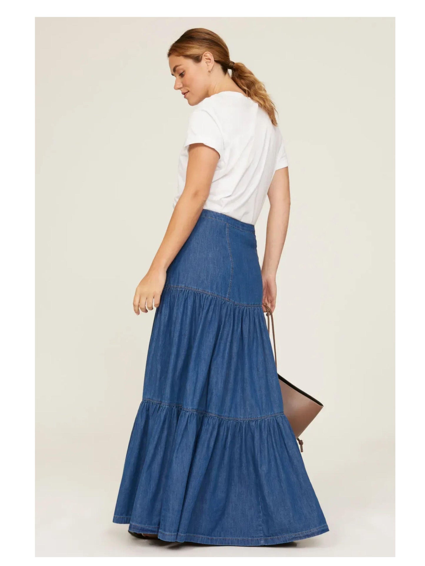 Lauren Ralph Lauren Womens Denim Button-Down Tiered Maxi Skirt Size 0