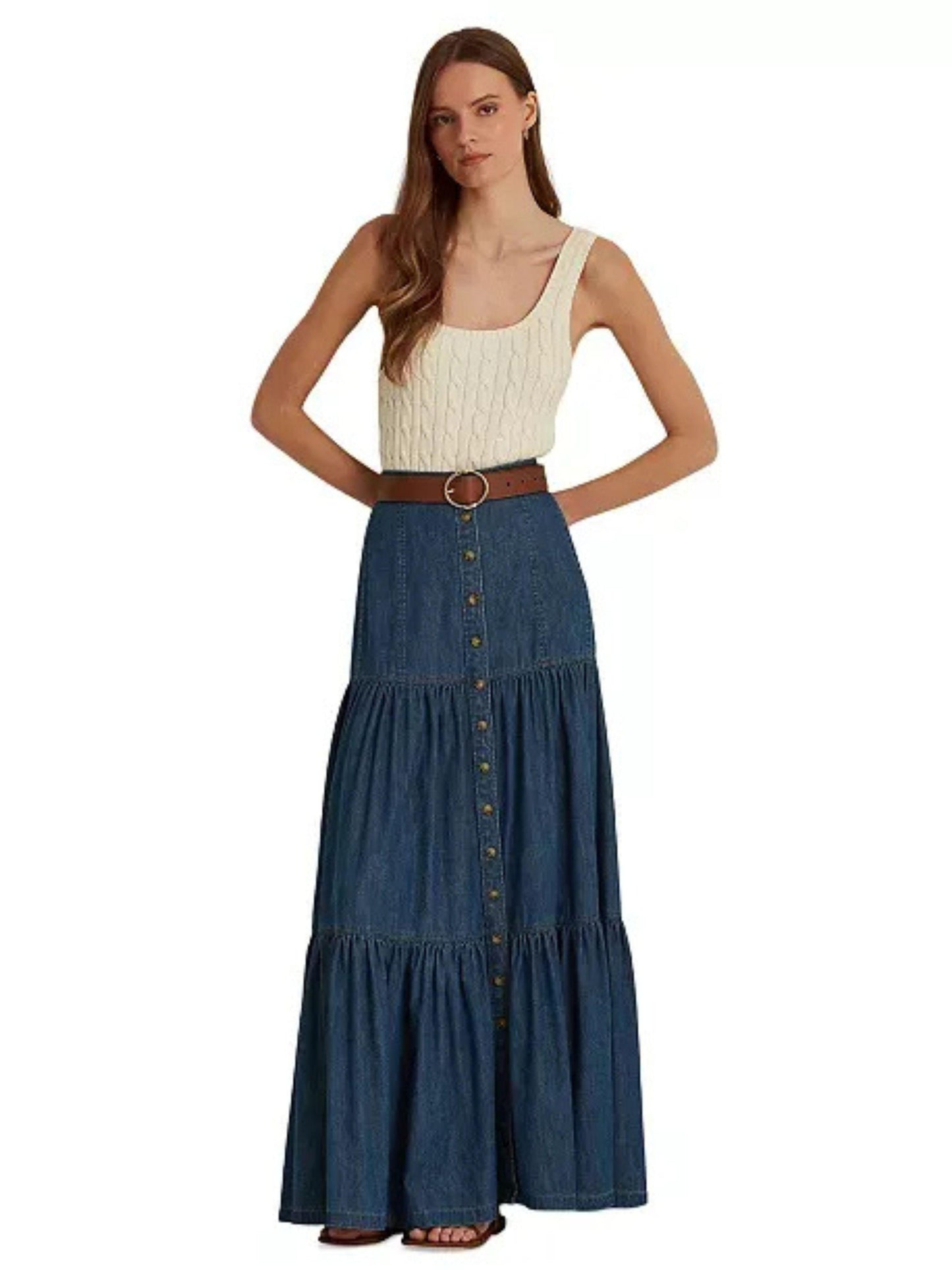 Lauren Ralph Lauren Womens Denim Button-Down Tiered Maxi Skirt Size 0