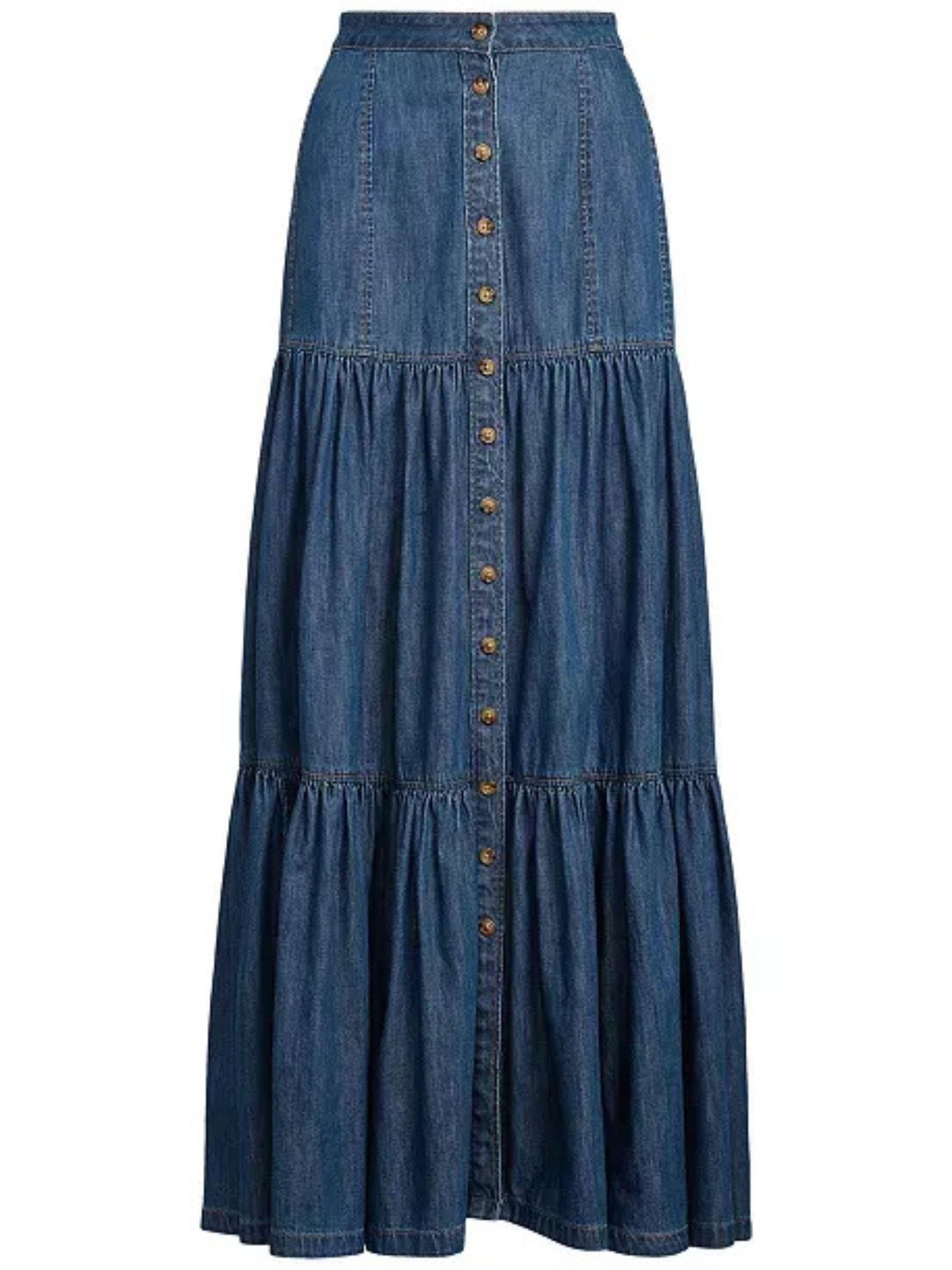 Lauren Ralph Lauren Womens Denim Button-Down Tiered Maxi Skirt Size 0