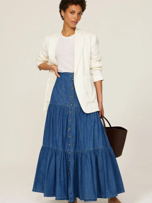 Lauren Ralph Lauren Womens Denim Button-Down Tiered Maxi Skirt Size 0