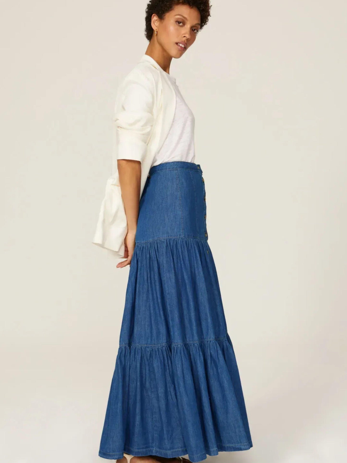 Lauren Ralph Lauren Womens Denim Button-Down Tiered Maxi Skirt Size 0