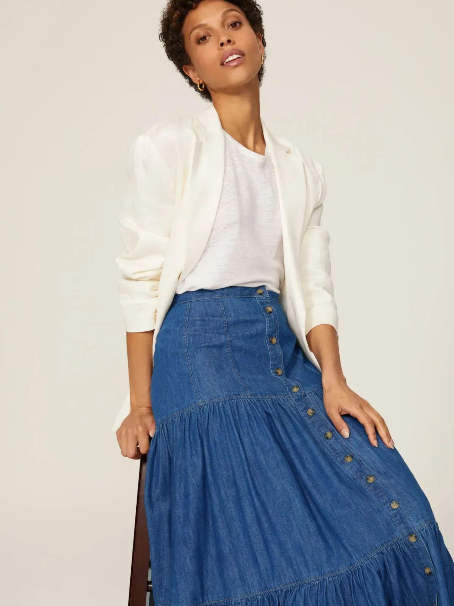 Lauren Ralph Lauren Womens Denim Button-Down Tiered Maxi Skirt Size 0