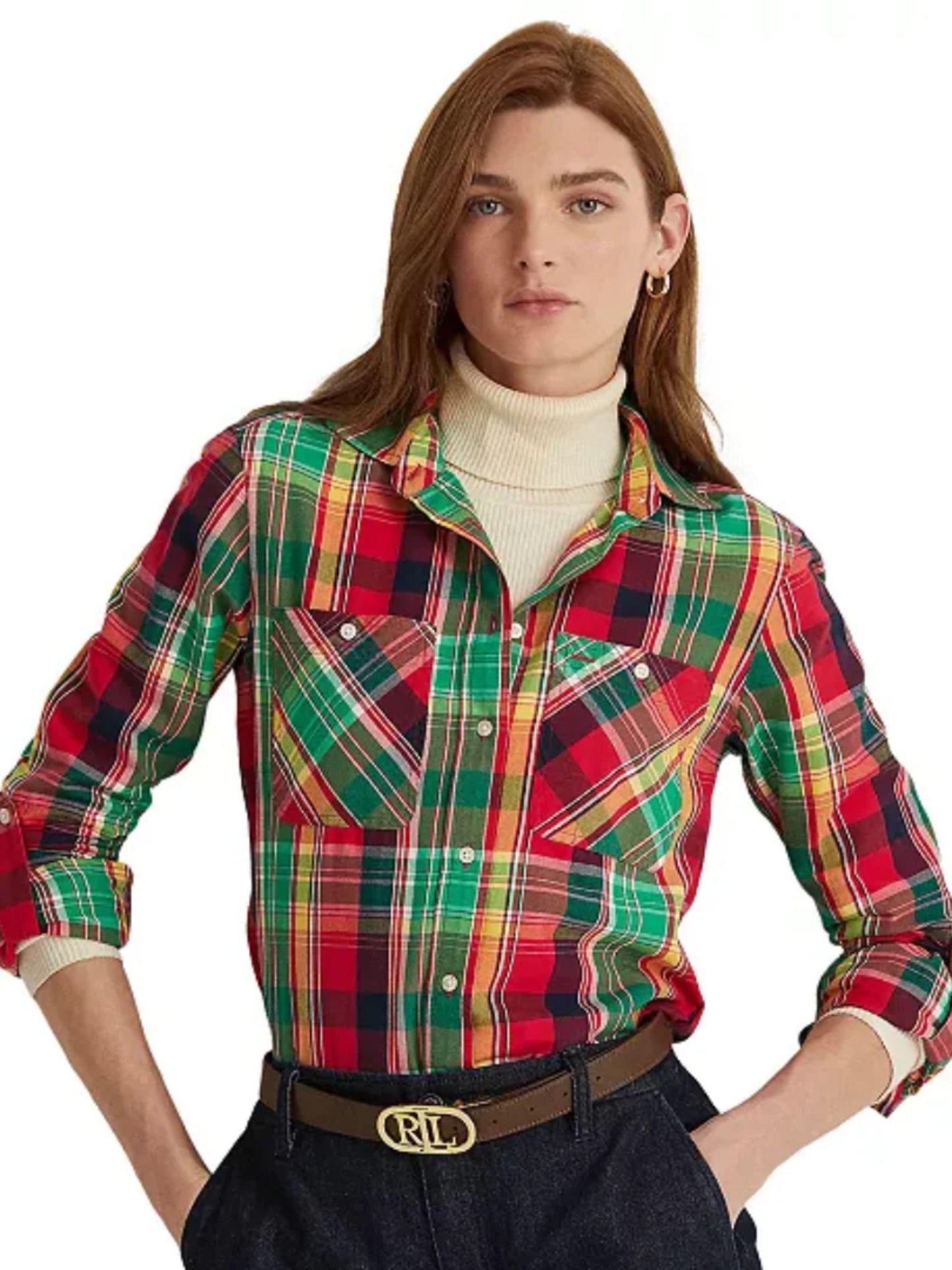 Lauren Ralph Lauren Women's Shirt Cotton Twill Plaid Size Small Petite OVERSIZED
