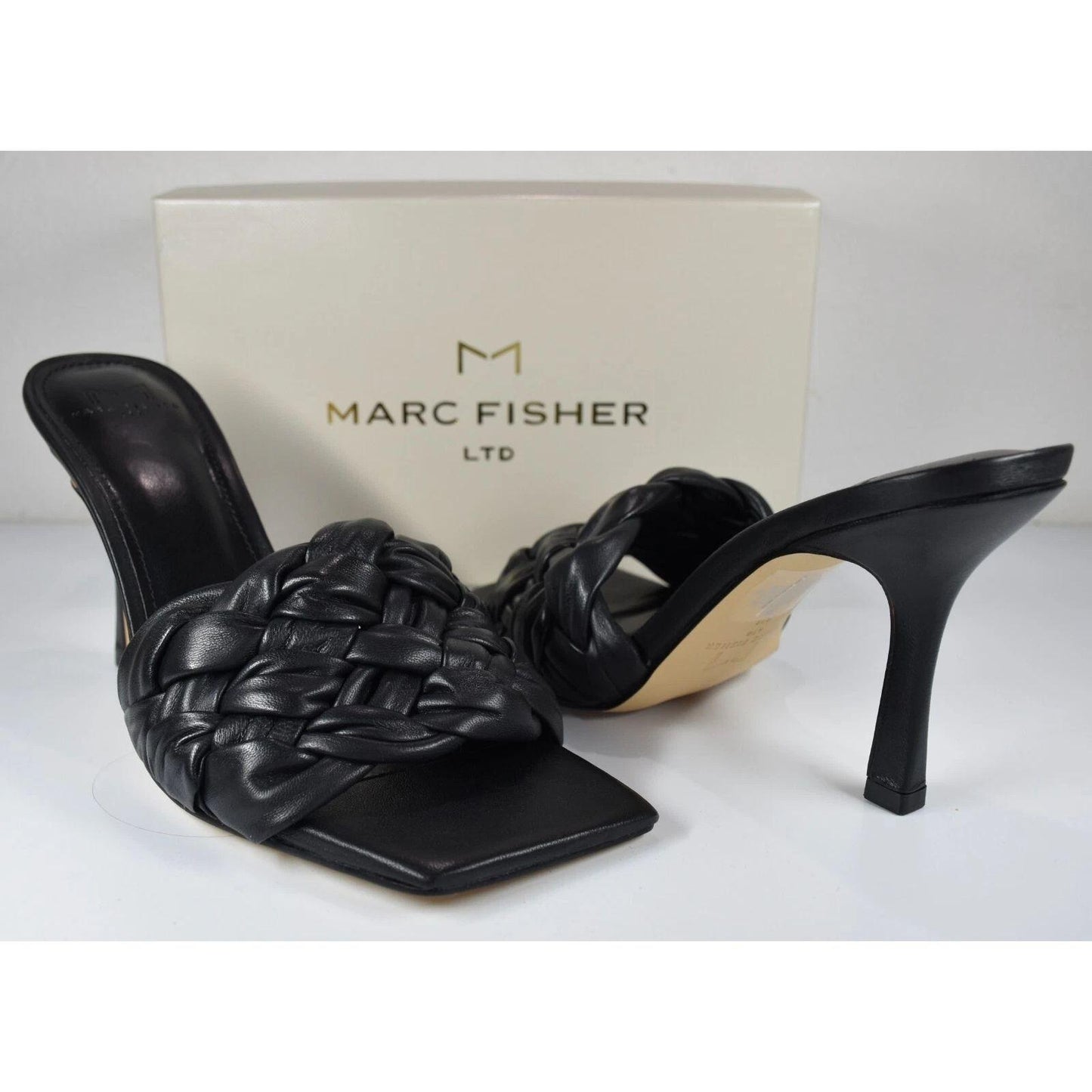 Marc Fisher High Heel Women's 5.5 Side Leather Sandal Black Draya Woven