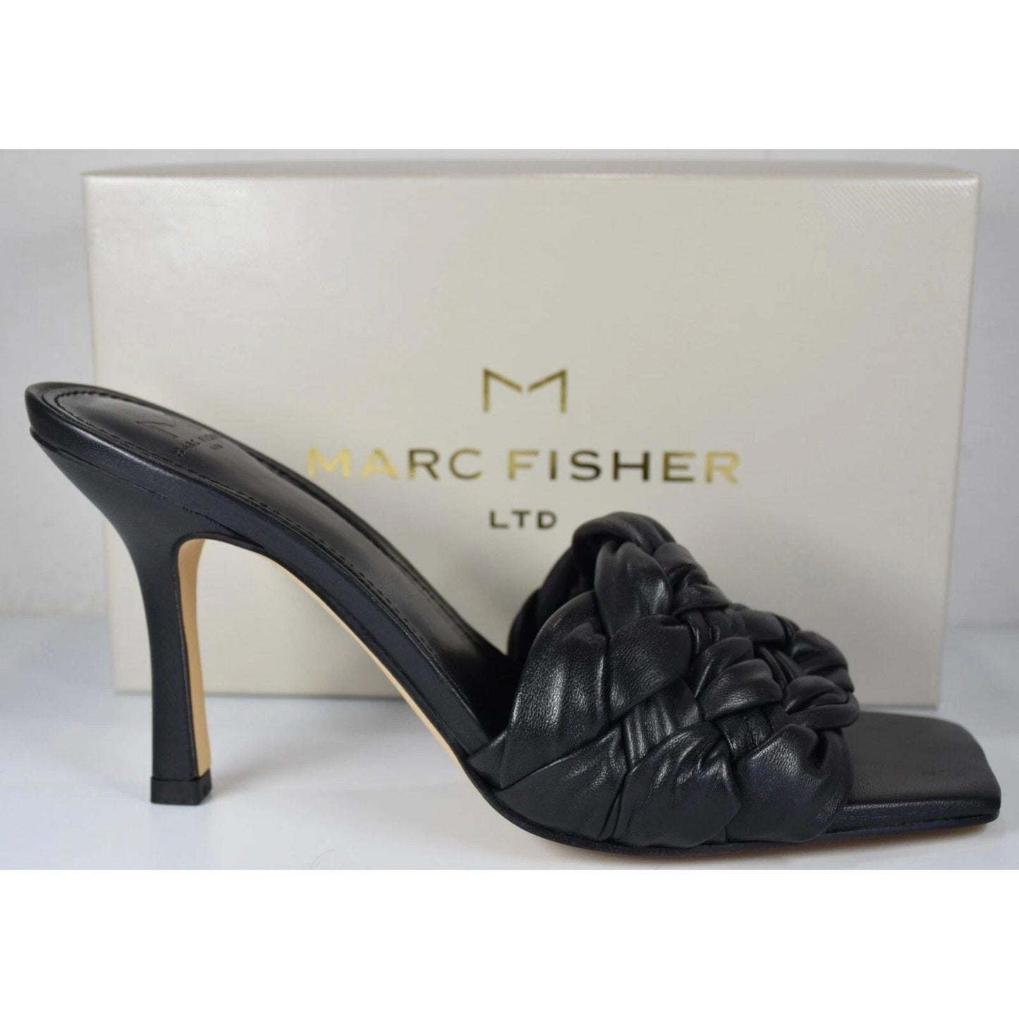 Marc Fisher High Heel Women's 5.5 Side Leather Sandal Black Draya Woven