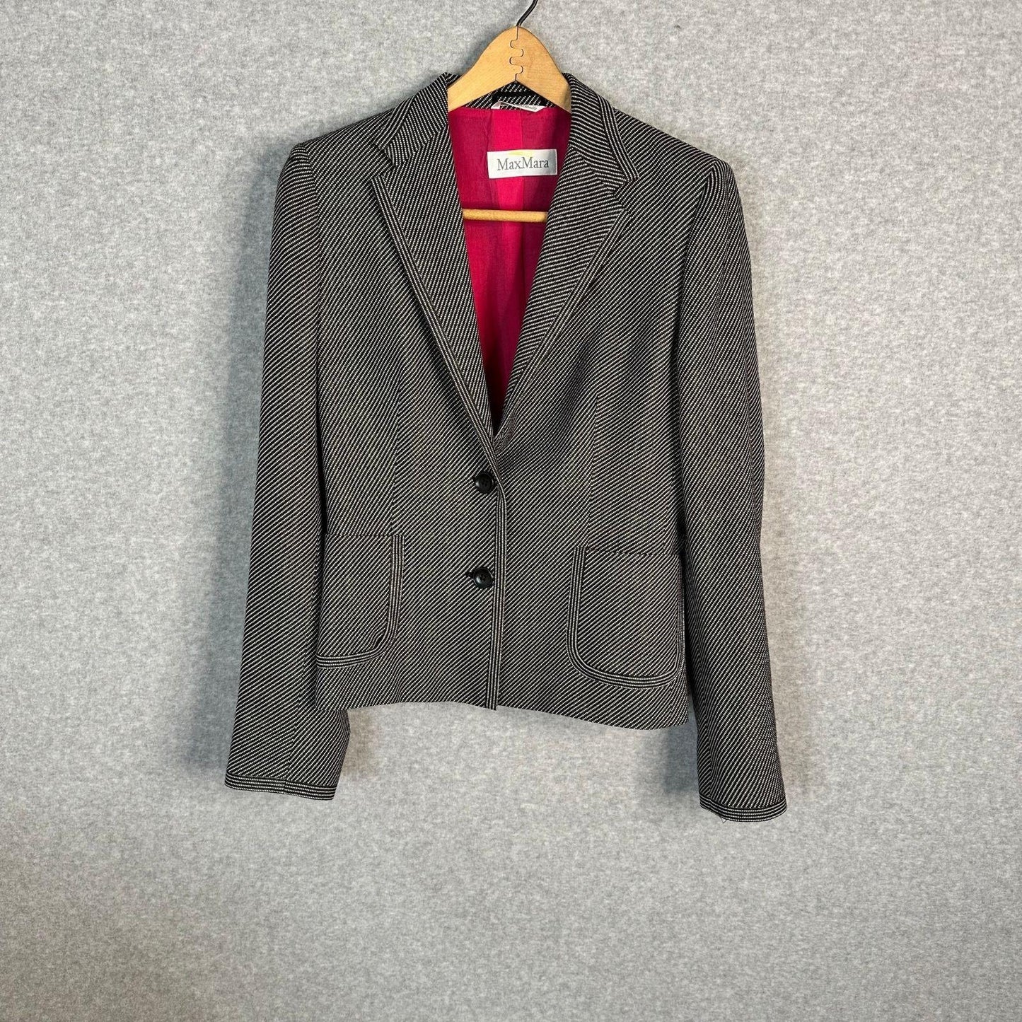 Max Mara Blazer Women's Size 12 Silk Wool Blend Black White Pink Cupro Lining