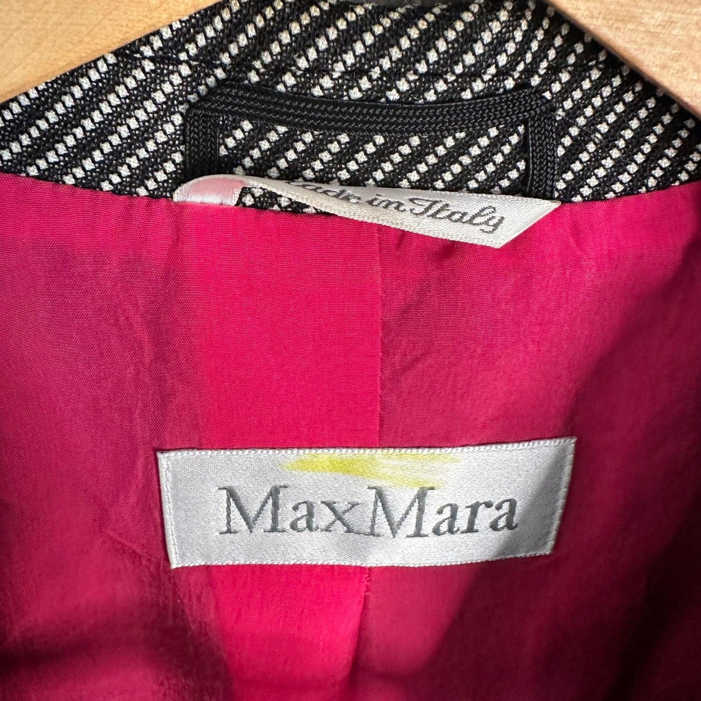 Max Mara Blazer Women's Size 12 Silk Wool Blend Black White Pink Cupro Lining