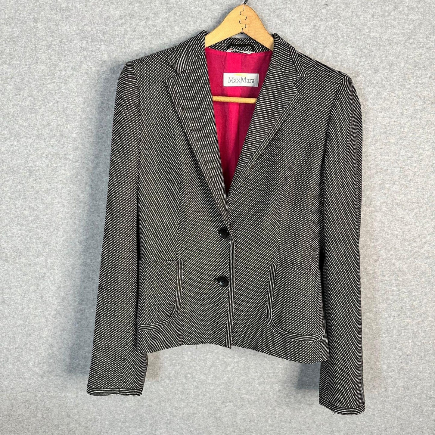Max Mara Blazer Women's Size 12 Silk Wool Blend Black White Pink Cupro Lining